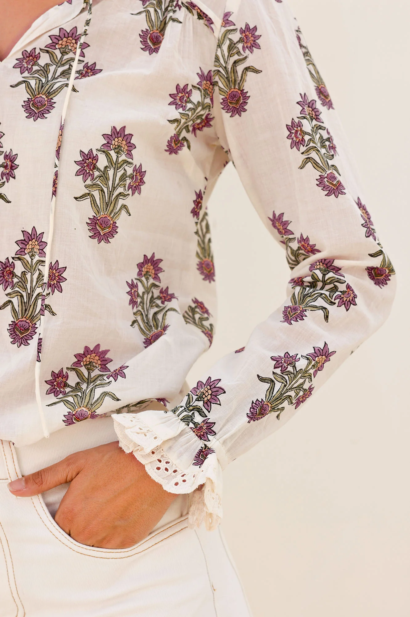 Rosie Organic Cotton Block Print Blouse | Antique Wildflower Cream/Red/Green