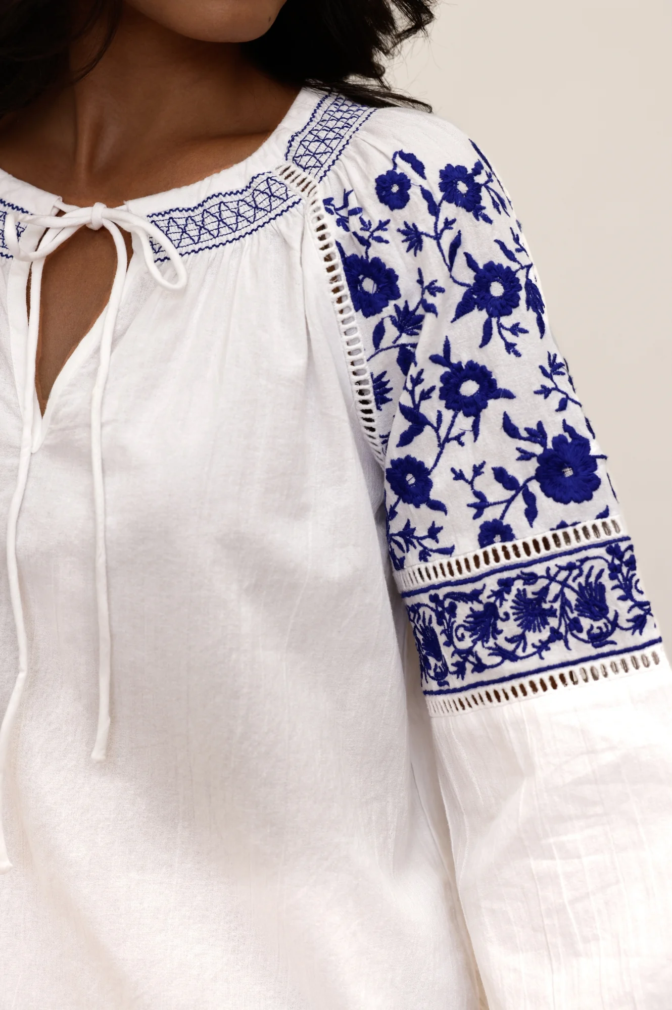 Ida Embroidered Cotton Top | White/Cobalt