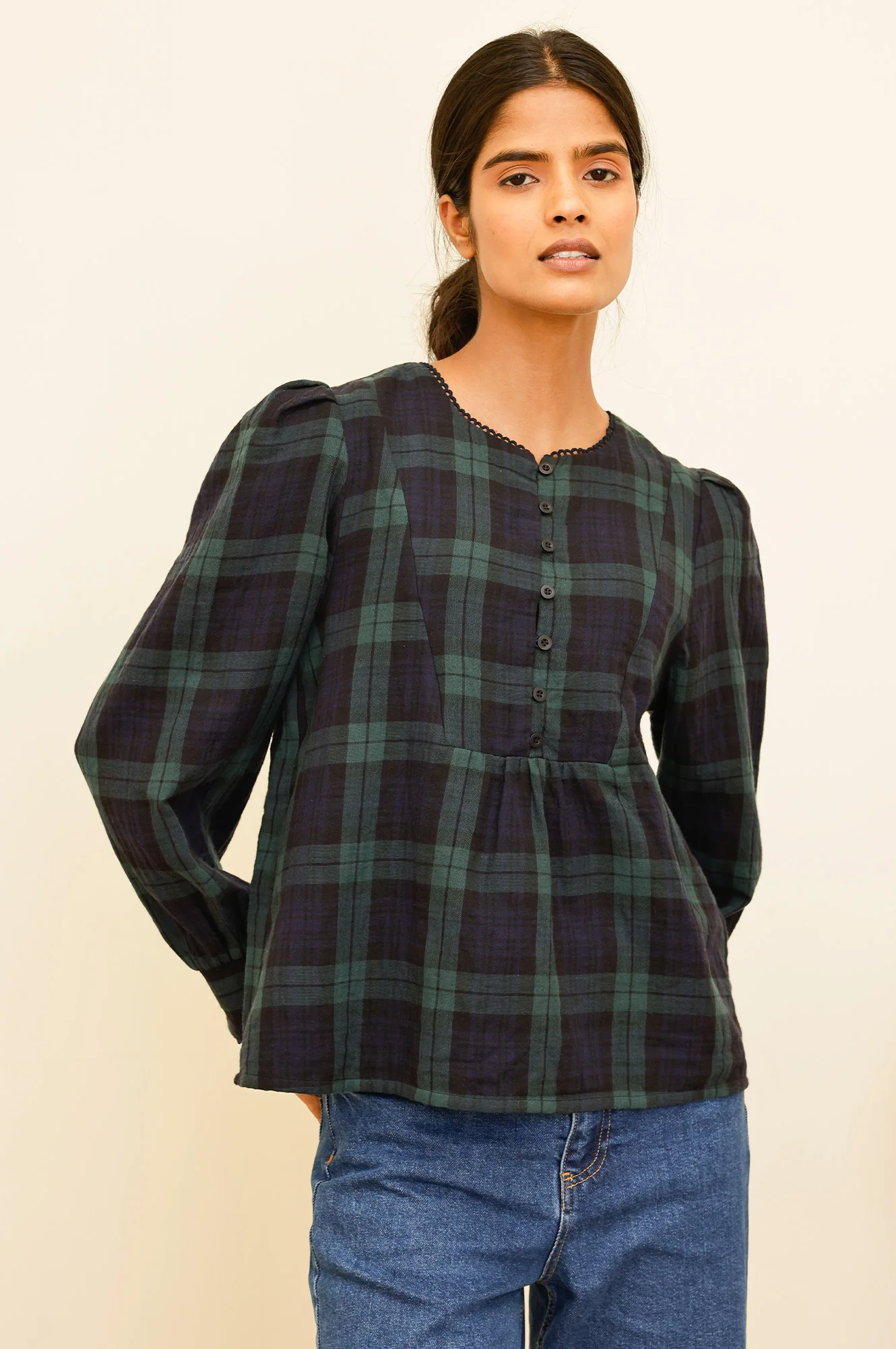 Checked Double Cloth Organic Cotton Blouse | Navy/Green