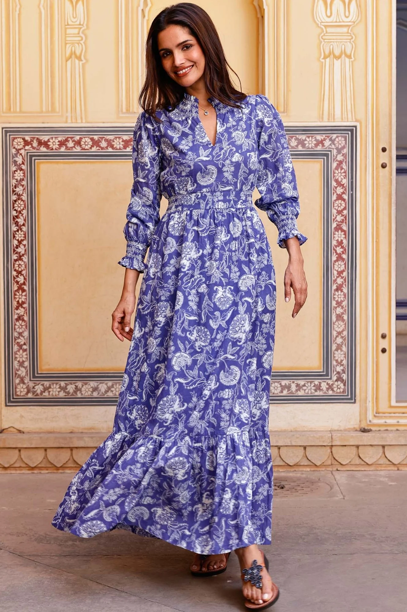 Emmeline Organic Cotton Maxi Dress | Camelia Cobalt/White