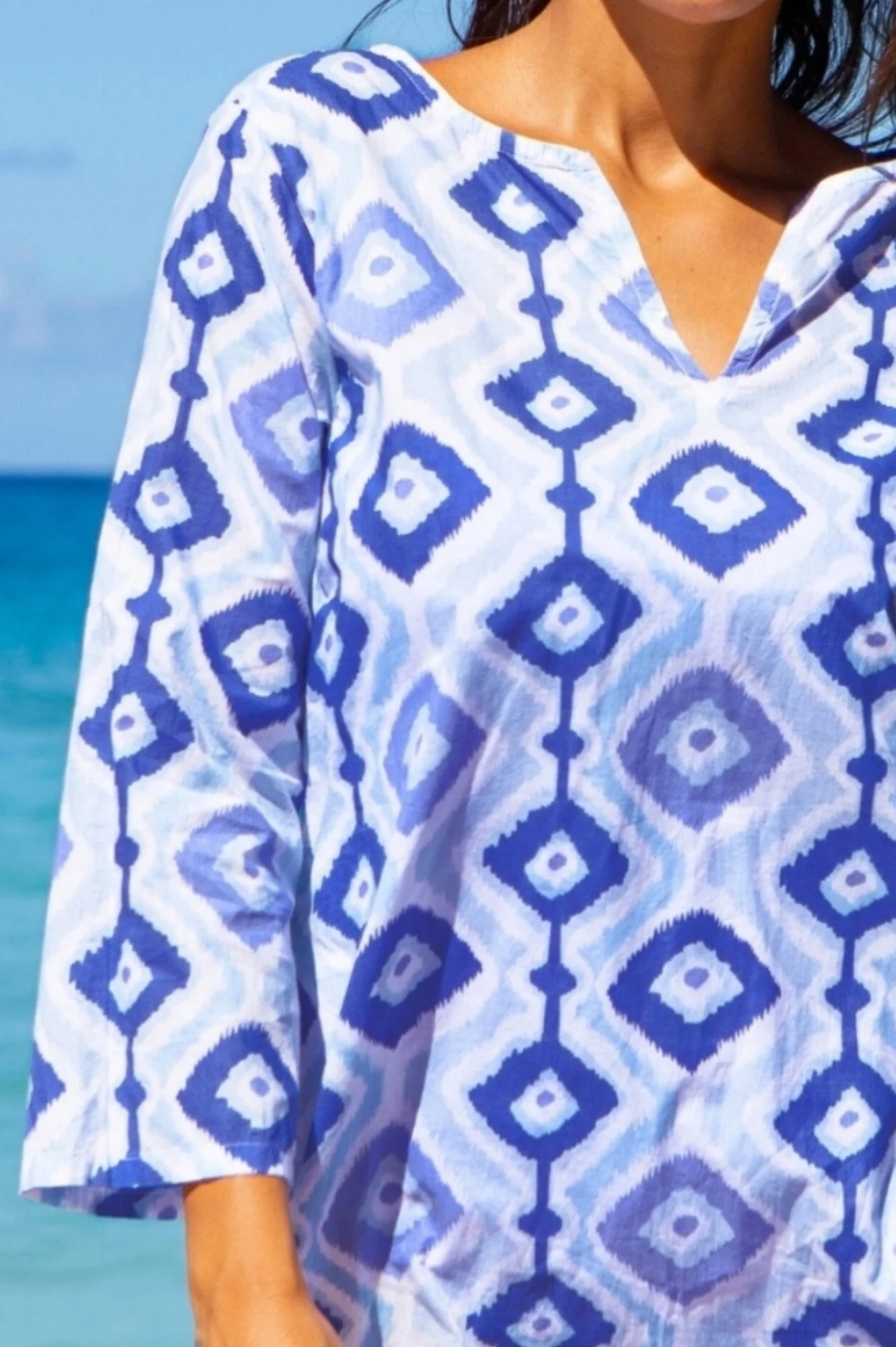 Guadalupe Organic Cotton Short Tunic | Diamond Ikat Blue/White