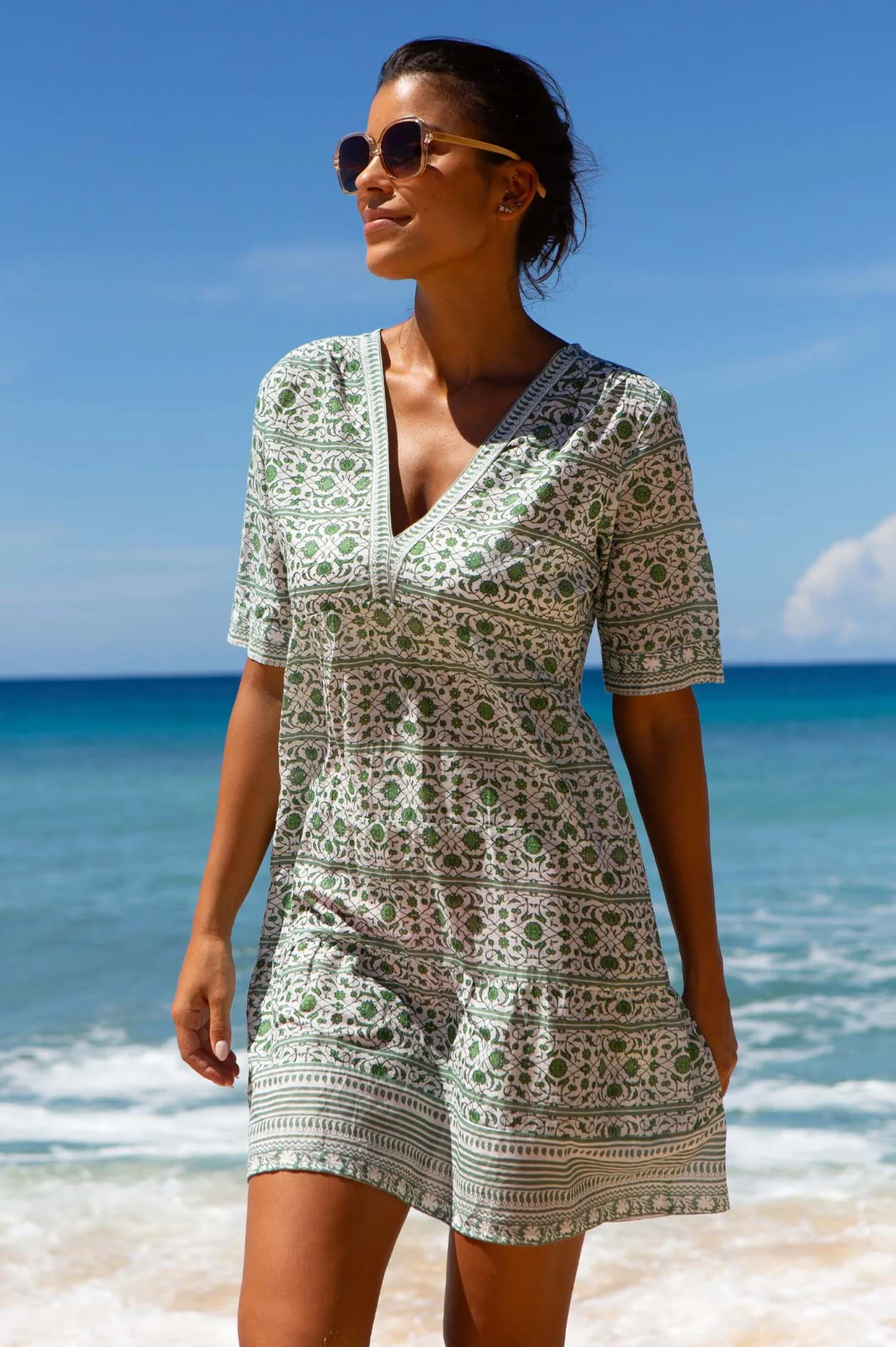 Santorini Cotton Kaftan | Santorini White/Khaki