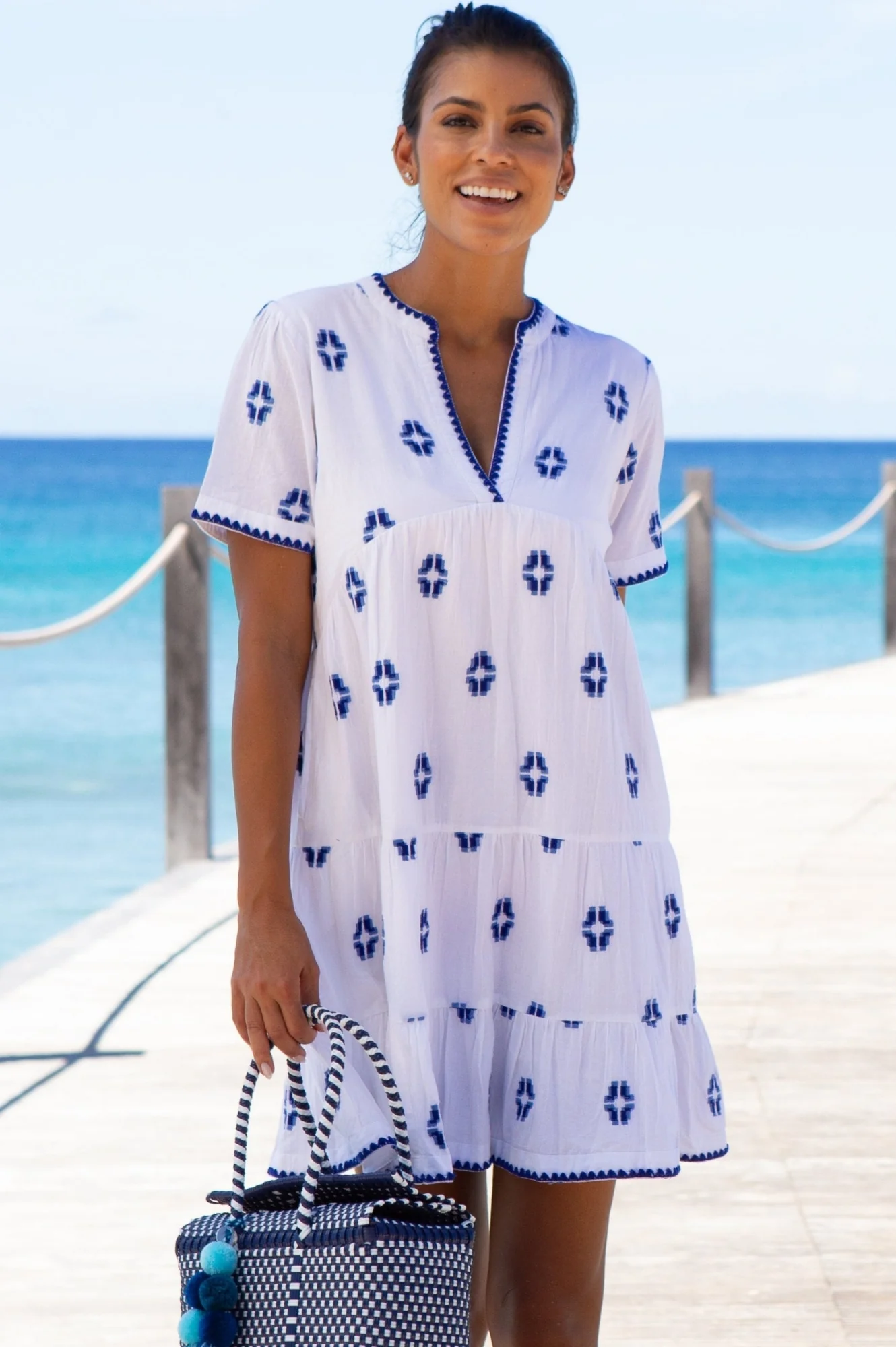 India Embroidered Organic Cotton Dress | White/Blue