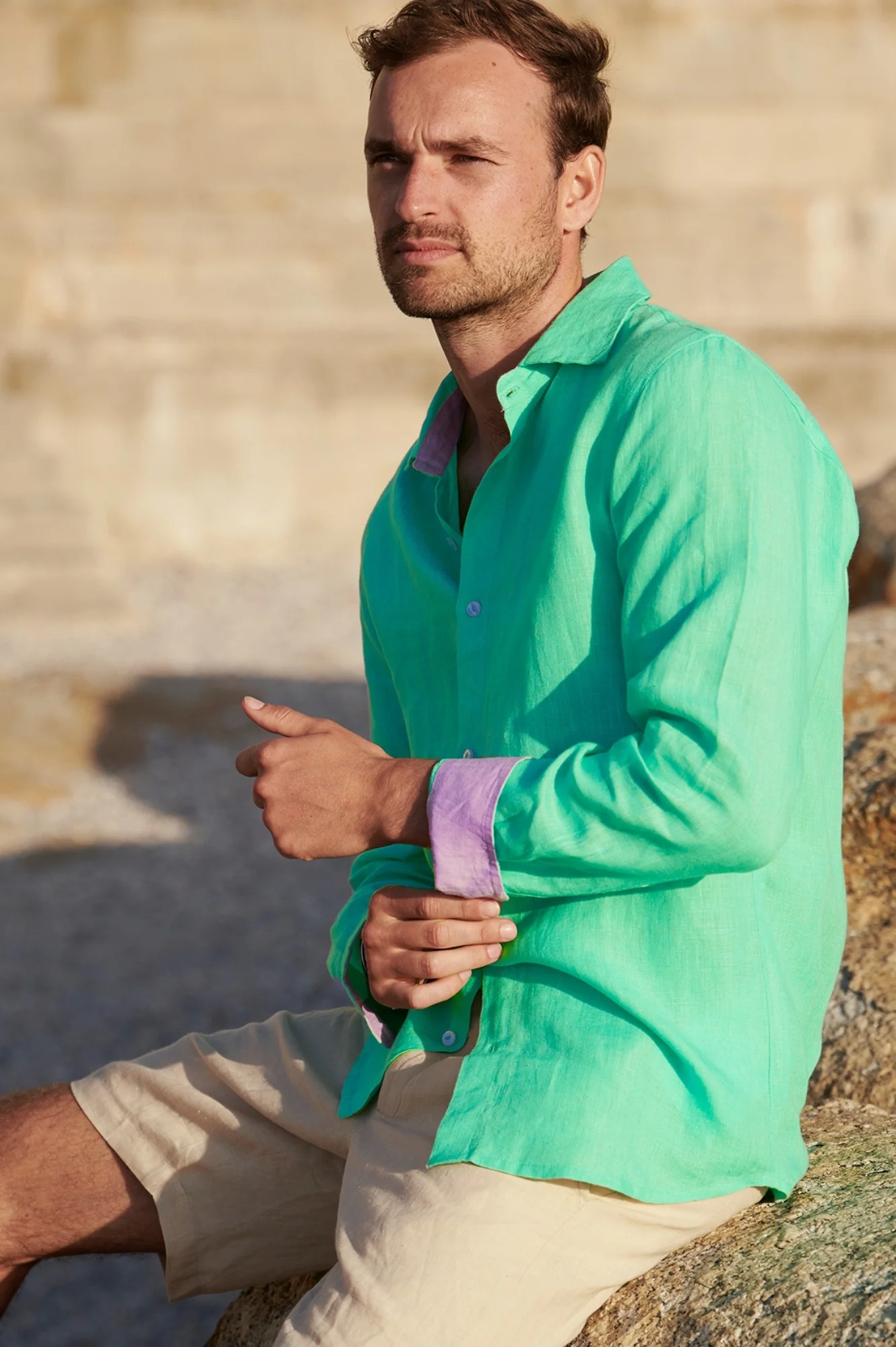 Men's Linen Shirt | Green/Light Purple