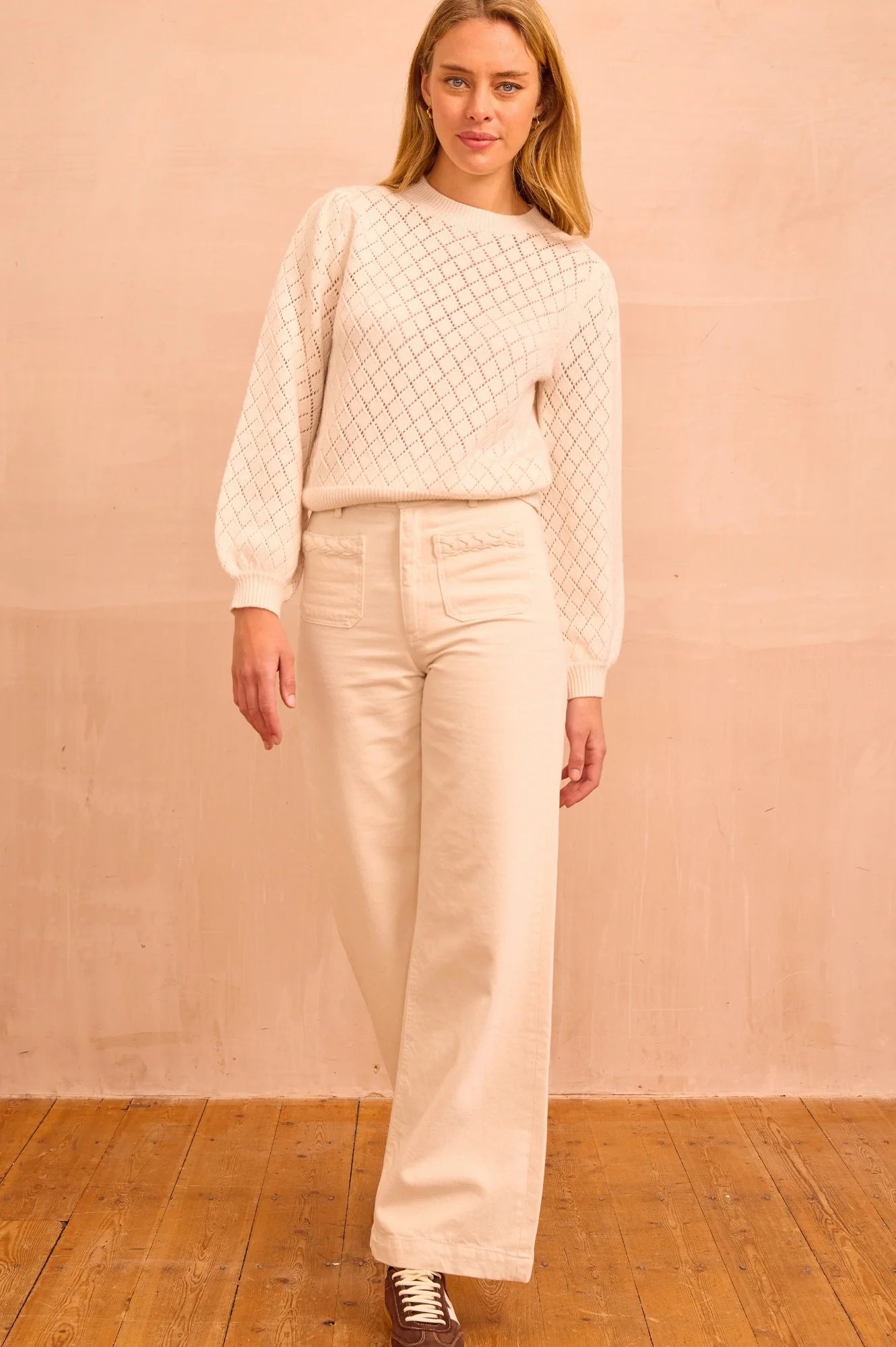 Pointelle Puff Shoulder Crew Neck Jumper | Ivory