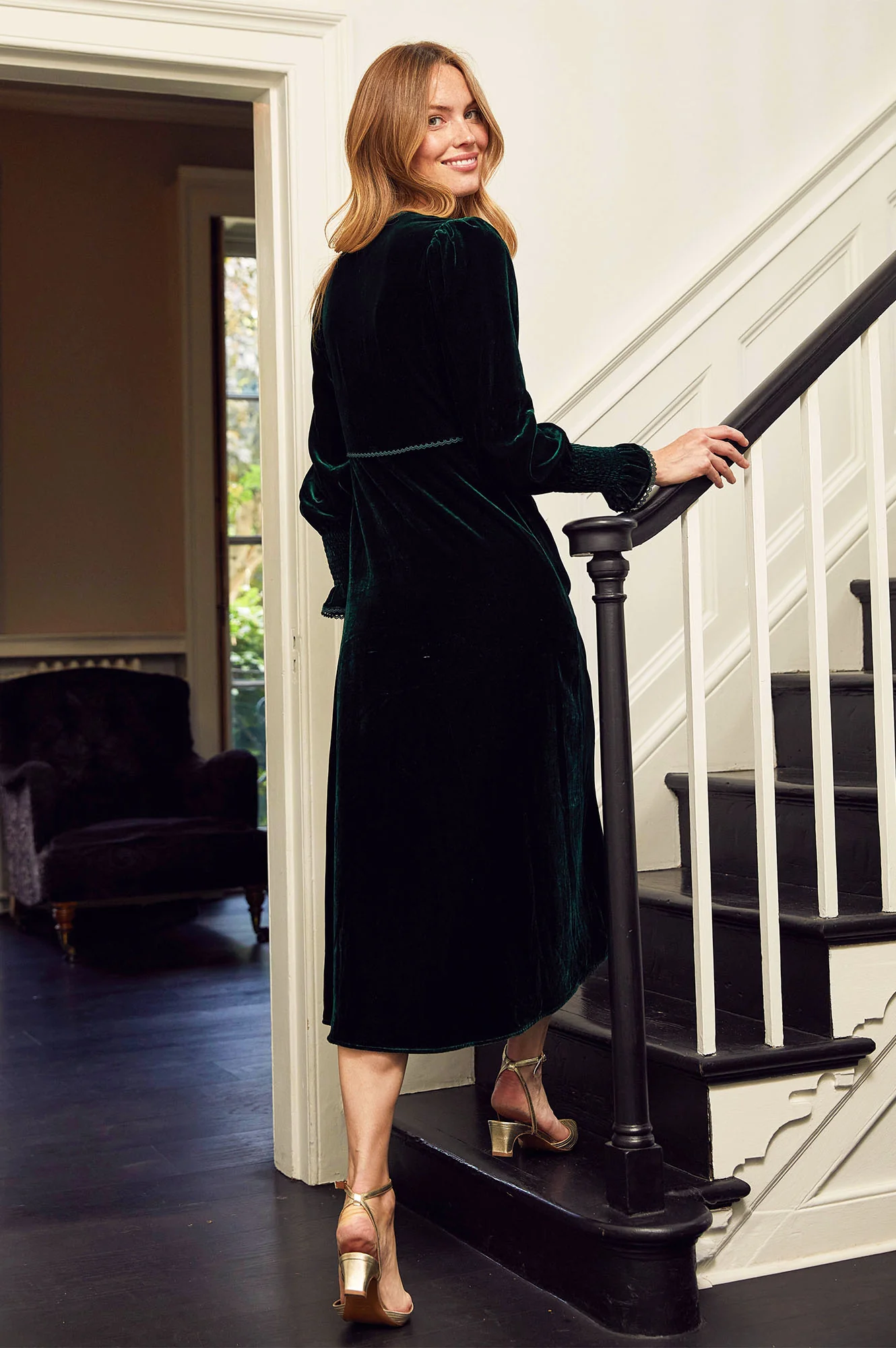Long Sleeve Velvet Sally Anne Dress | Emerald