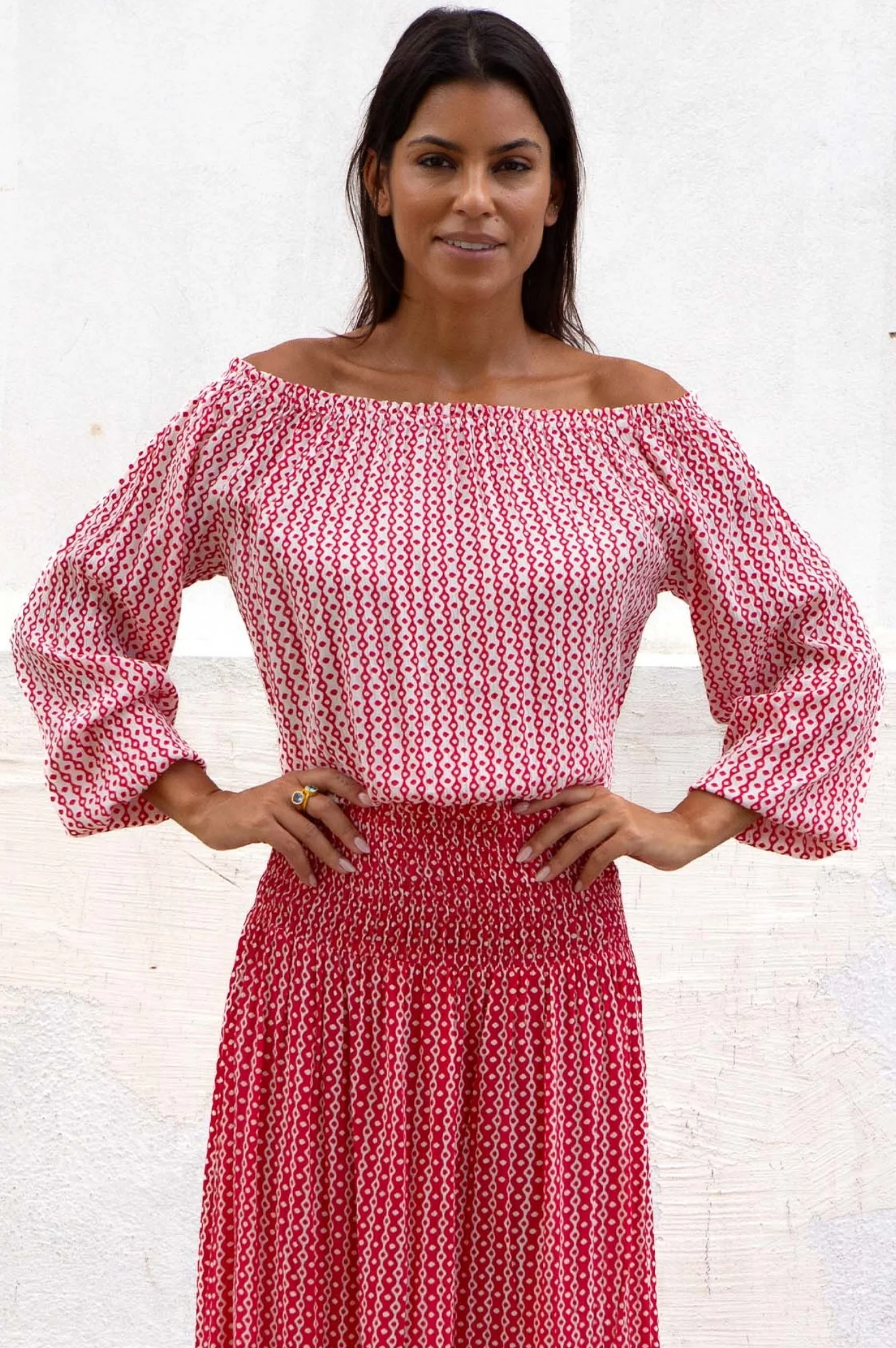 Ilana Long Sleeve Frill Top | Santorini White/Red