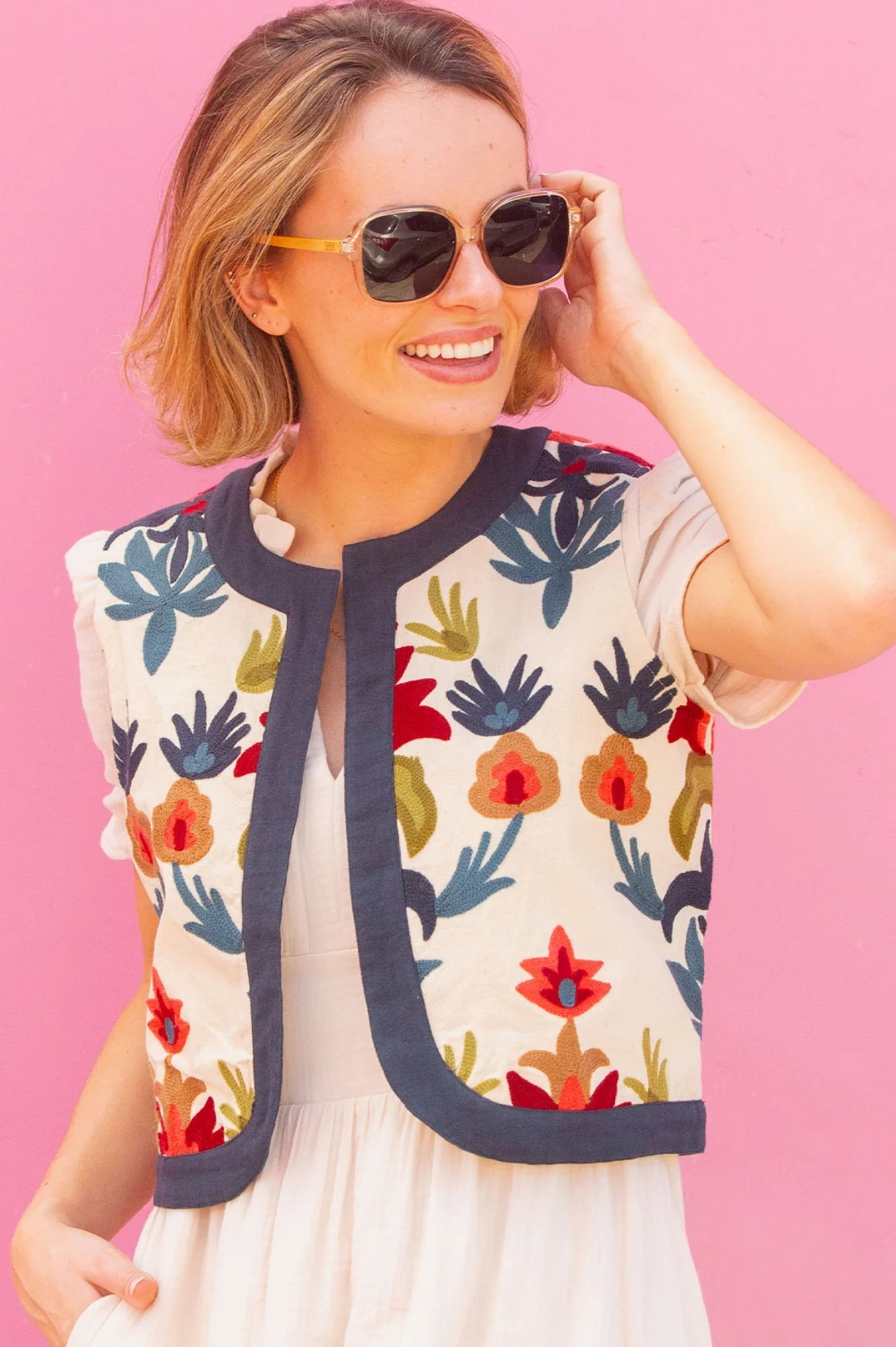 Pia Embroidered Gilet | Ecru/Multi