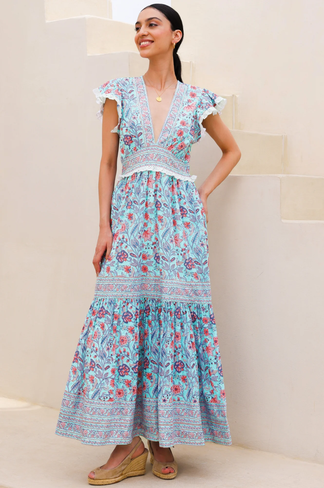Pippa Block Print Dress | Gardenia Blue/Red