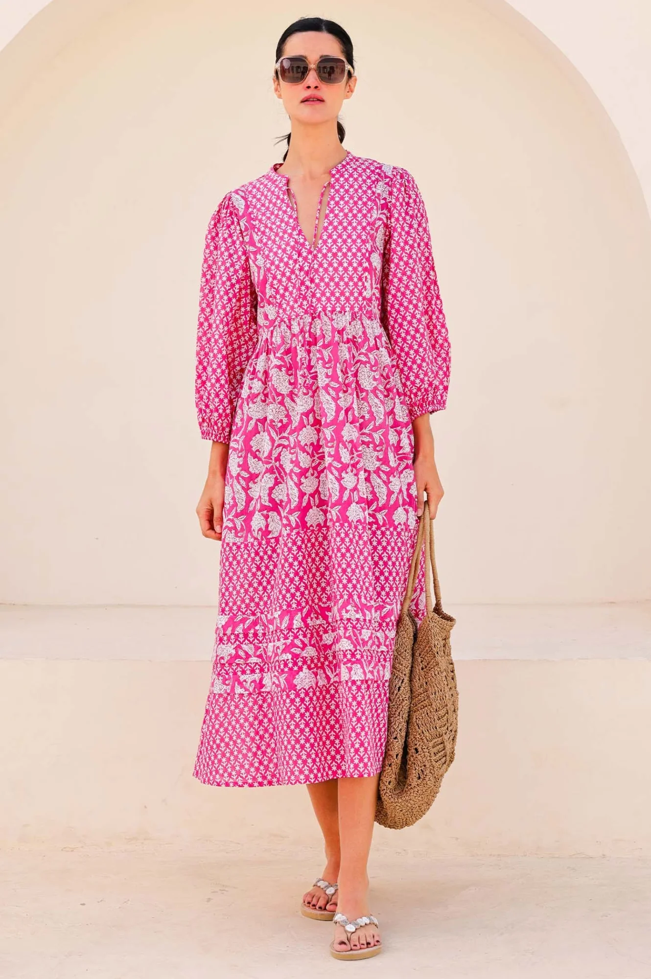 Martha Organic Cotton Mix Print Dress | Dianthus Print Pink/White