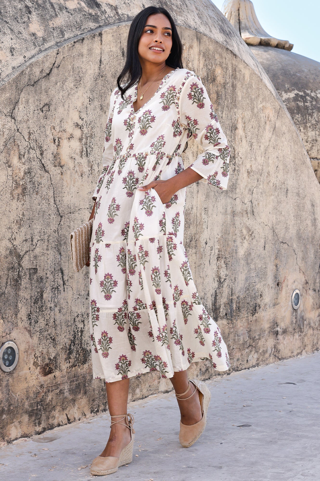 Hayden Organic Cotton Block Print Dress | Antique Wildflower Cream/Red/Green