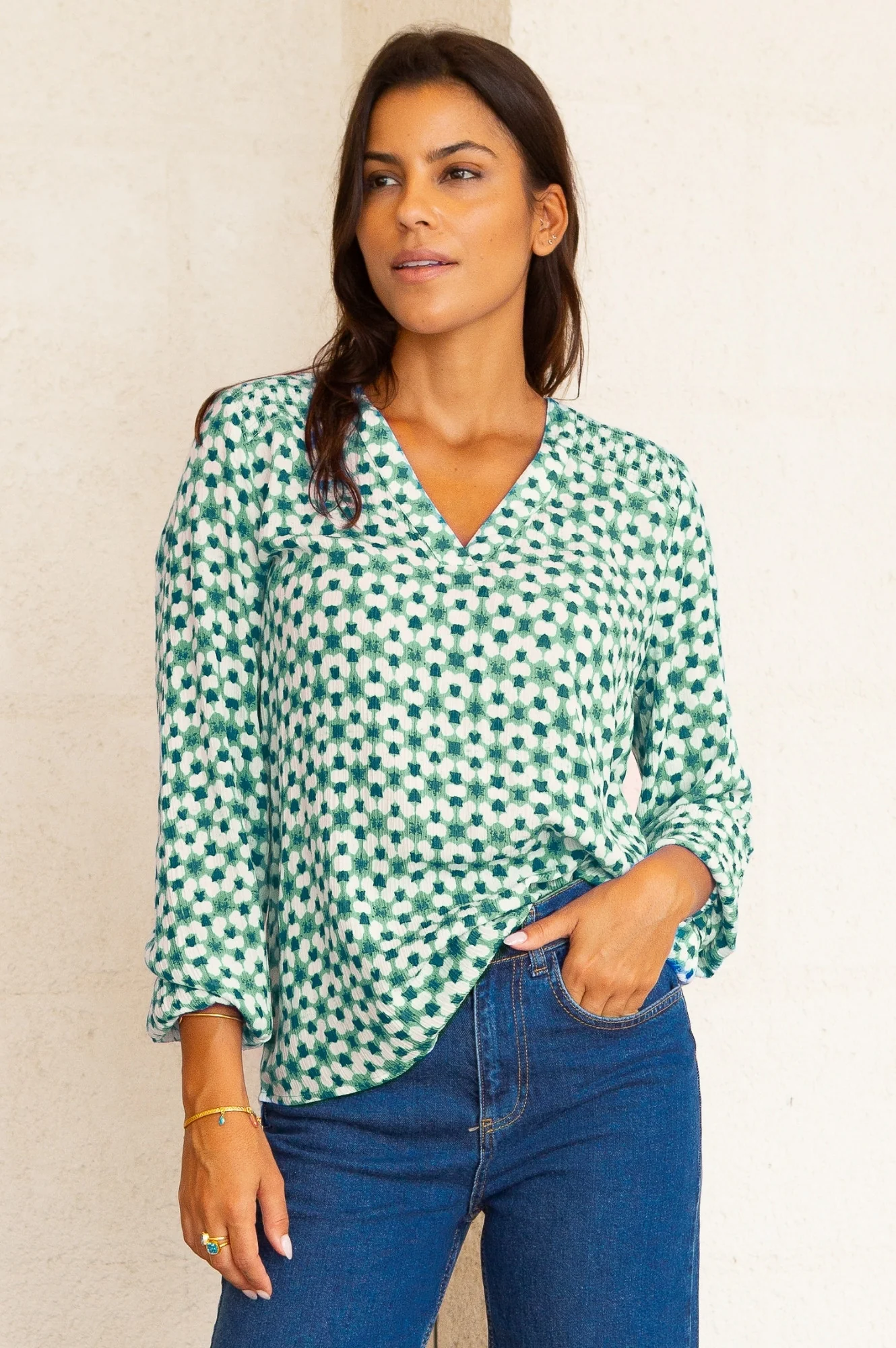 Clea Blouse | Maui Green/White