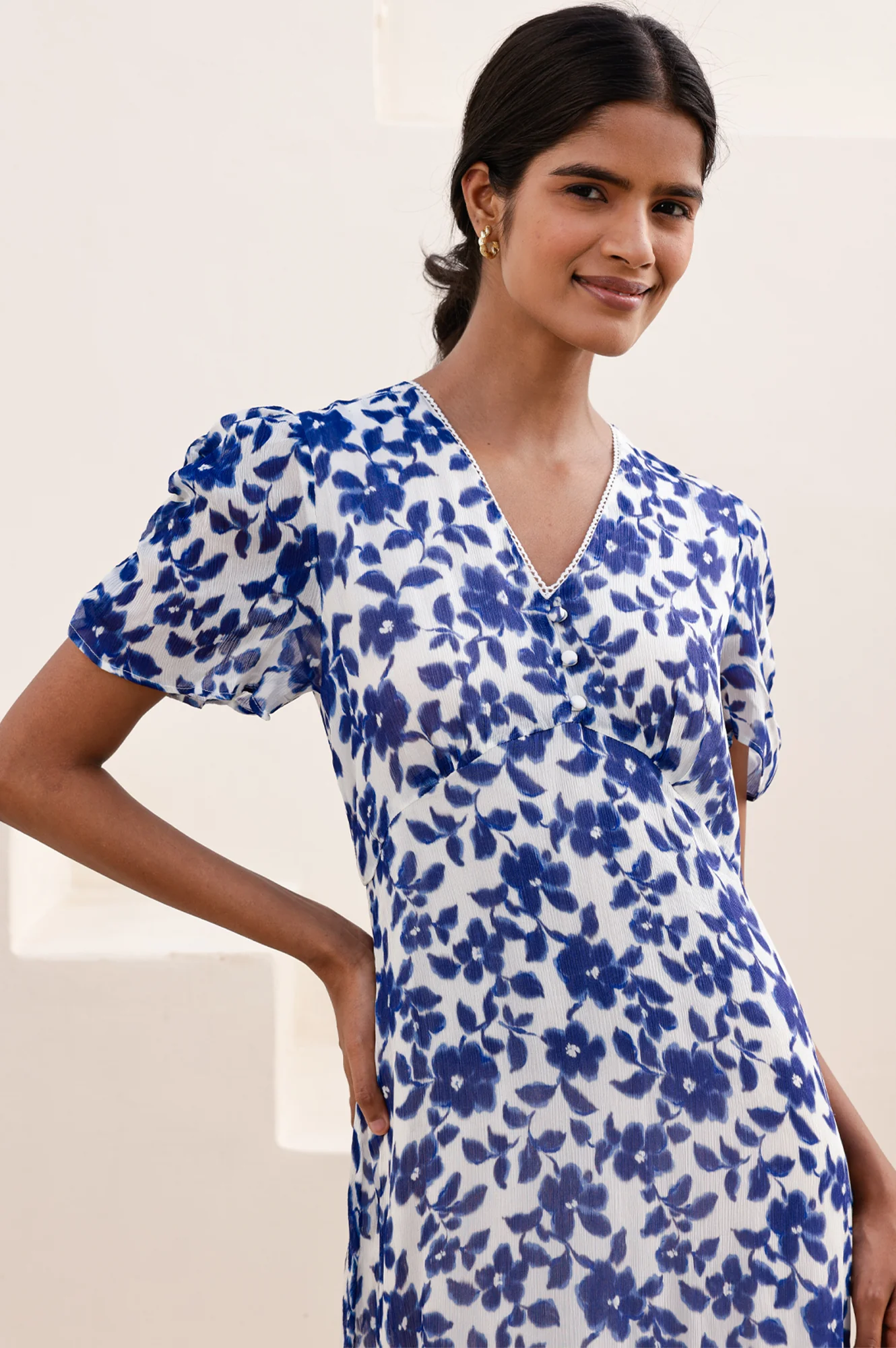 Ellery Viscose Wedding Guest Dress | Blossom Cream/Navy