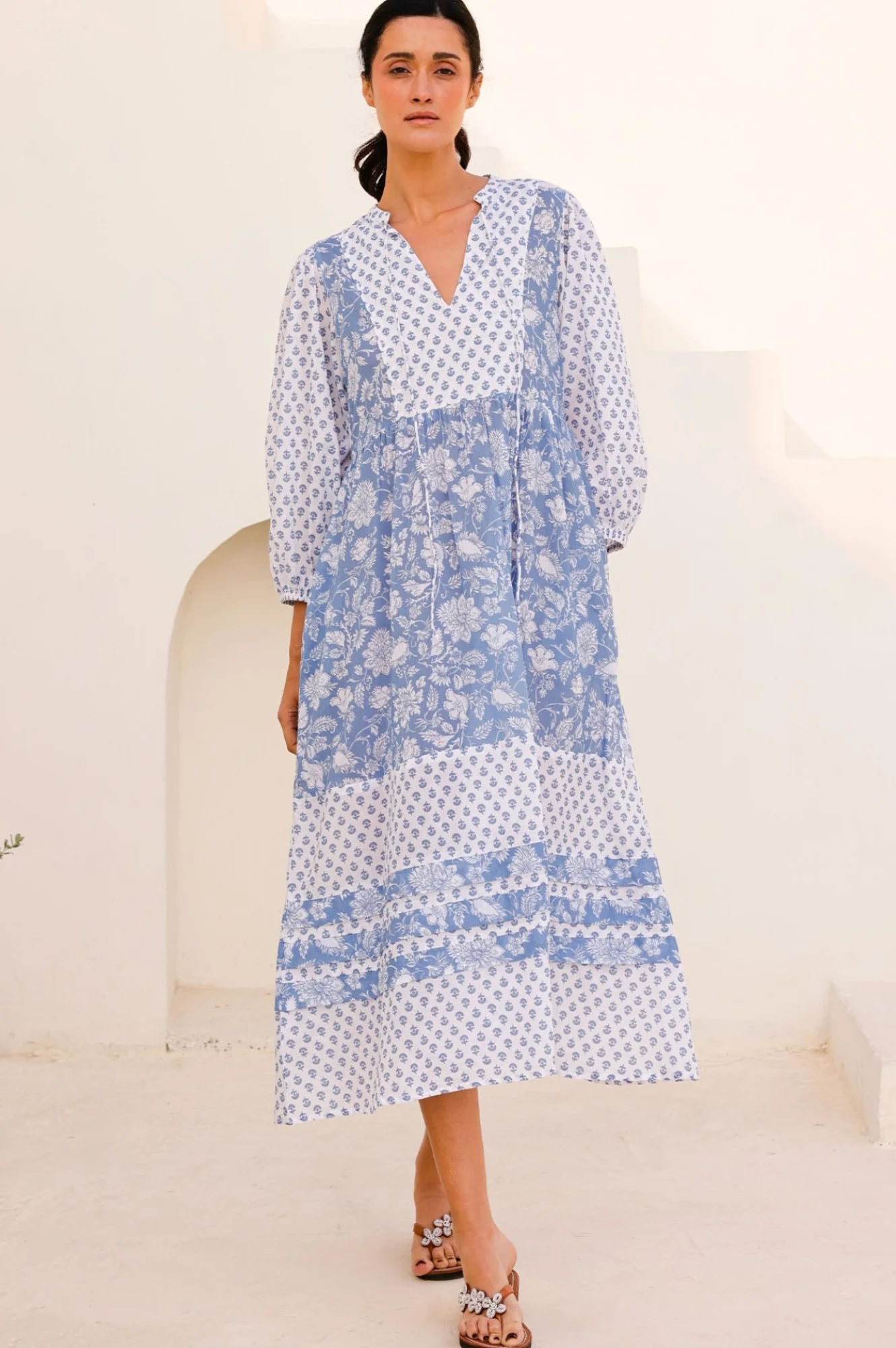 Martha Organic Cotton Print Mix Dress | Blossom Print Blue/White
