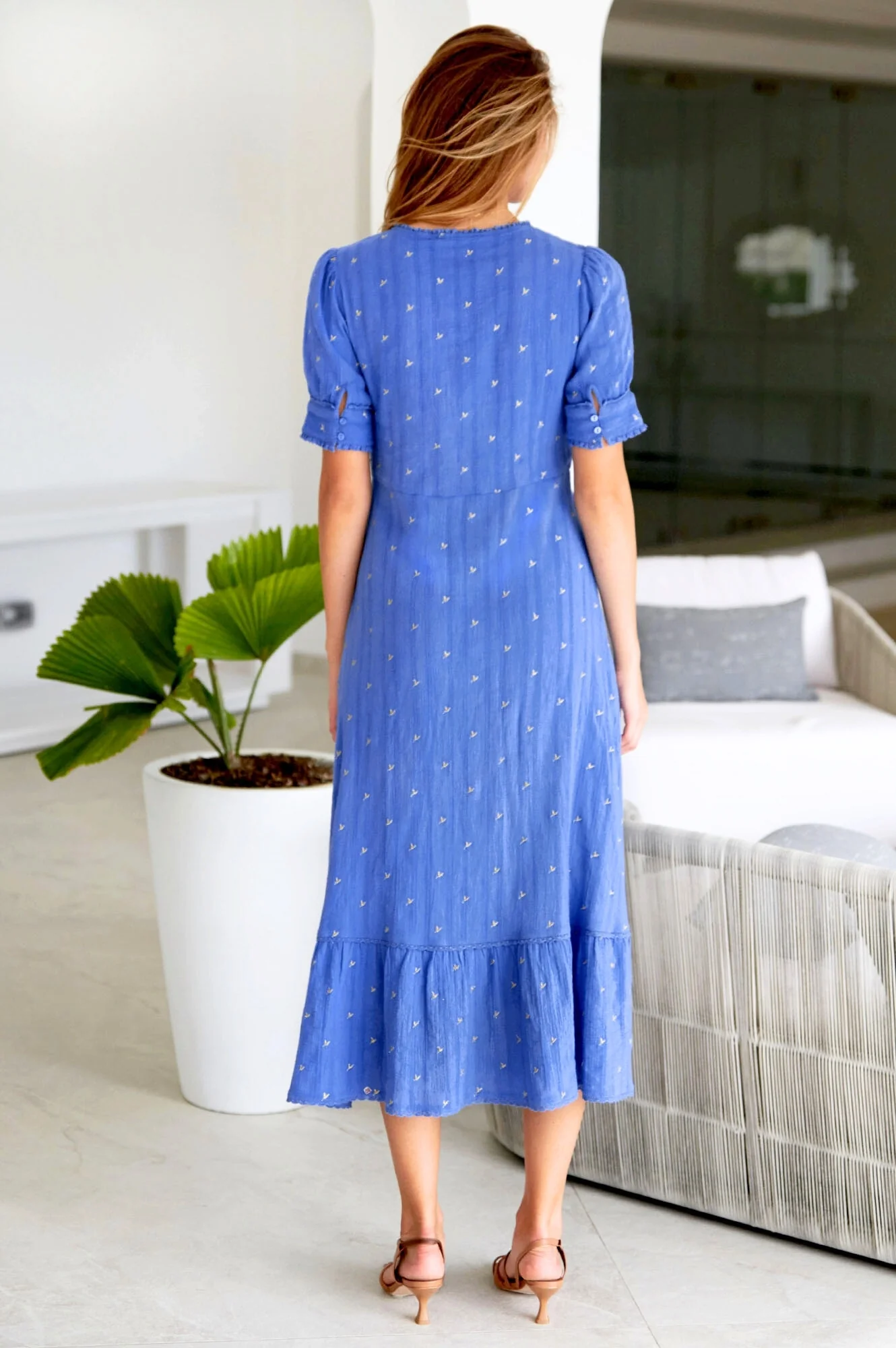 Poppy Embroidered Dress | Marina Blue/Gold