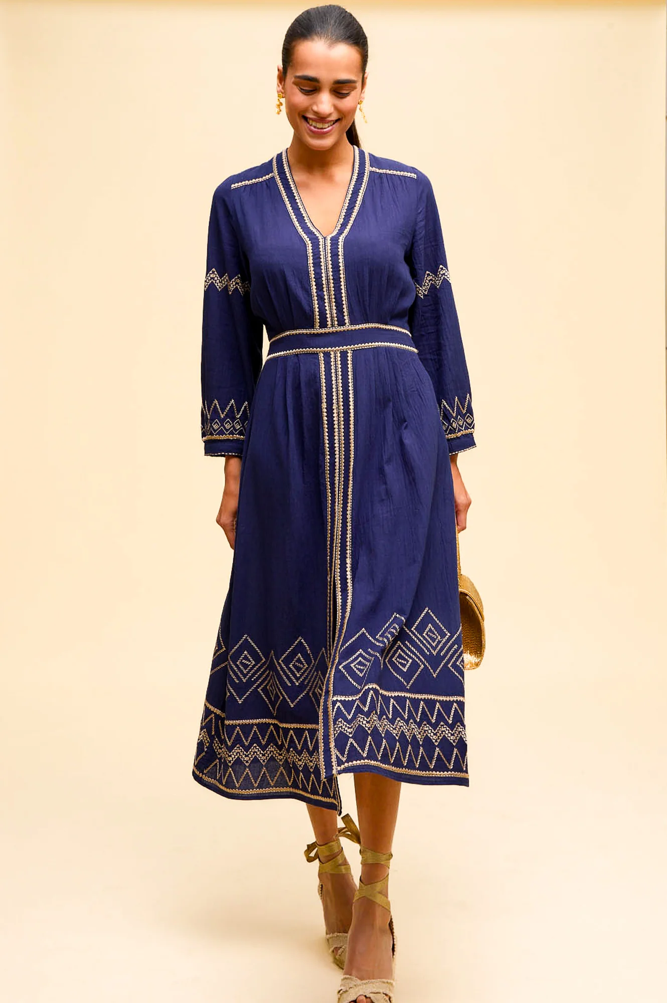 Jamila Embroidered Dress | Navy/Gold