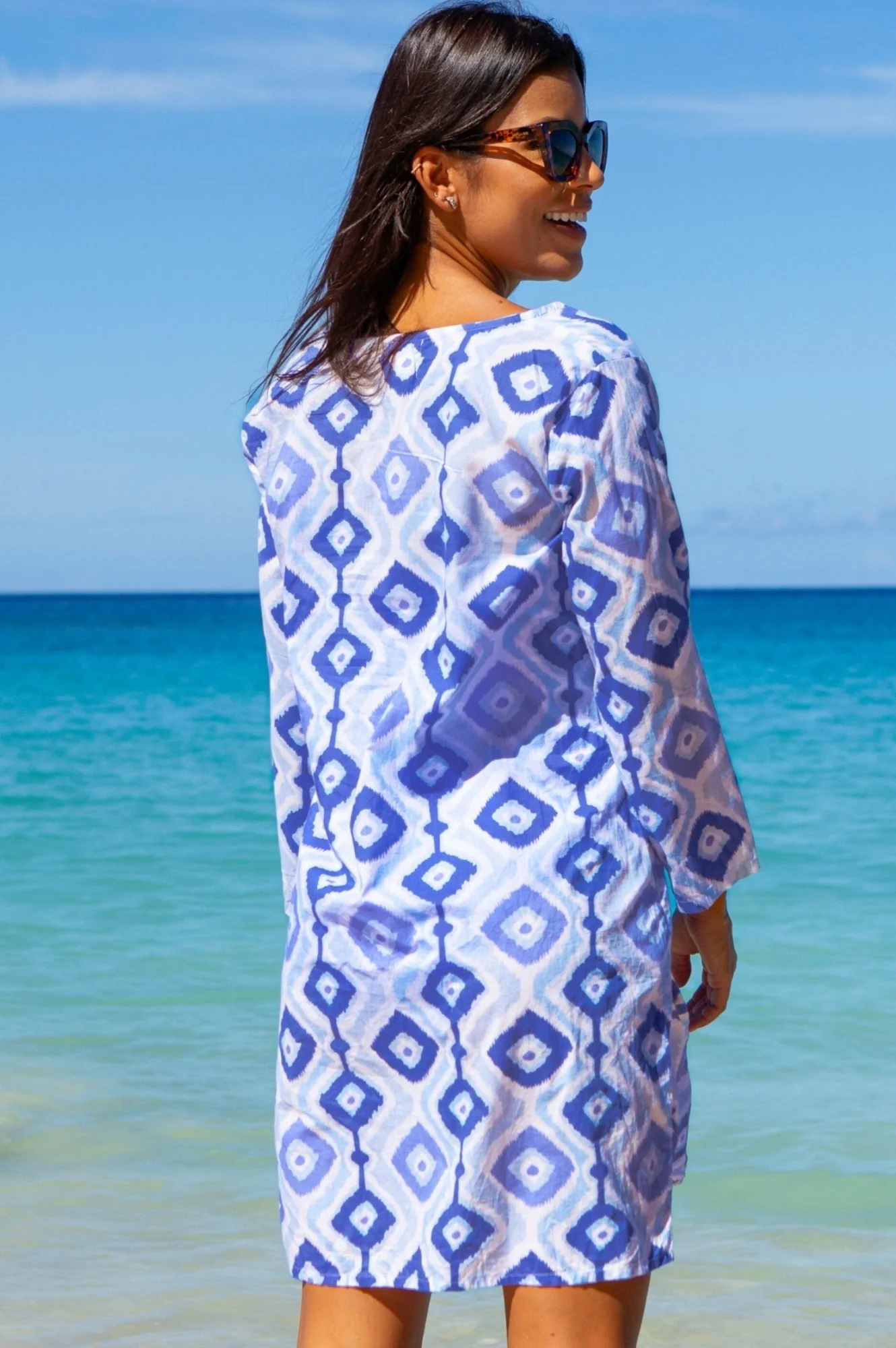 Guadalupe Organic Cotton Short Tunic | Diamond Ikat Blue/White