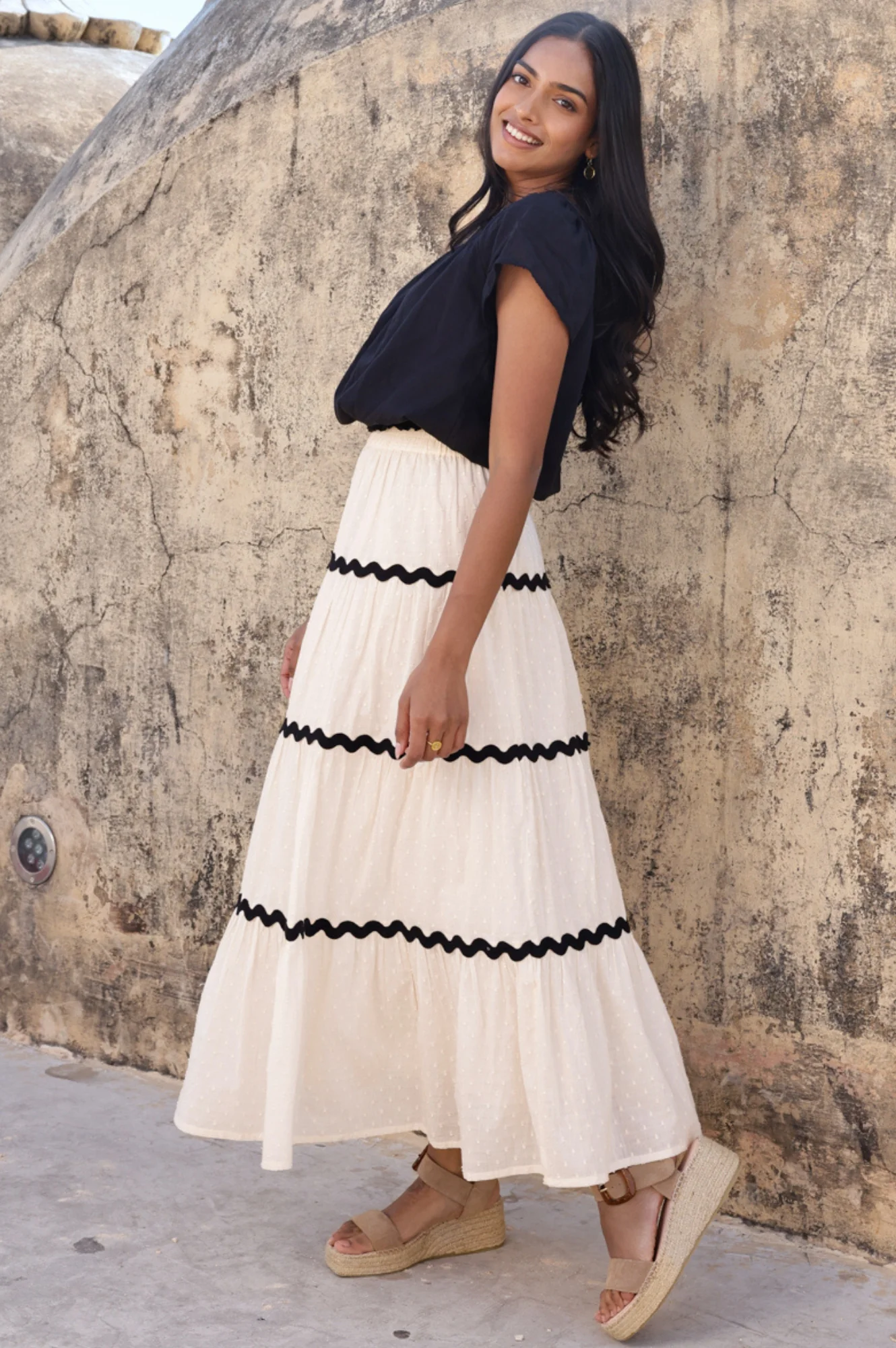 Organic Cotton Dobby Ric Rac Skirt | Antique Cream/Black