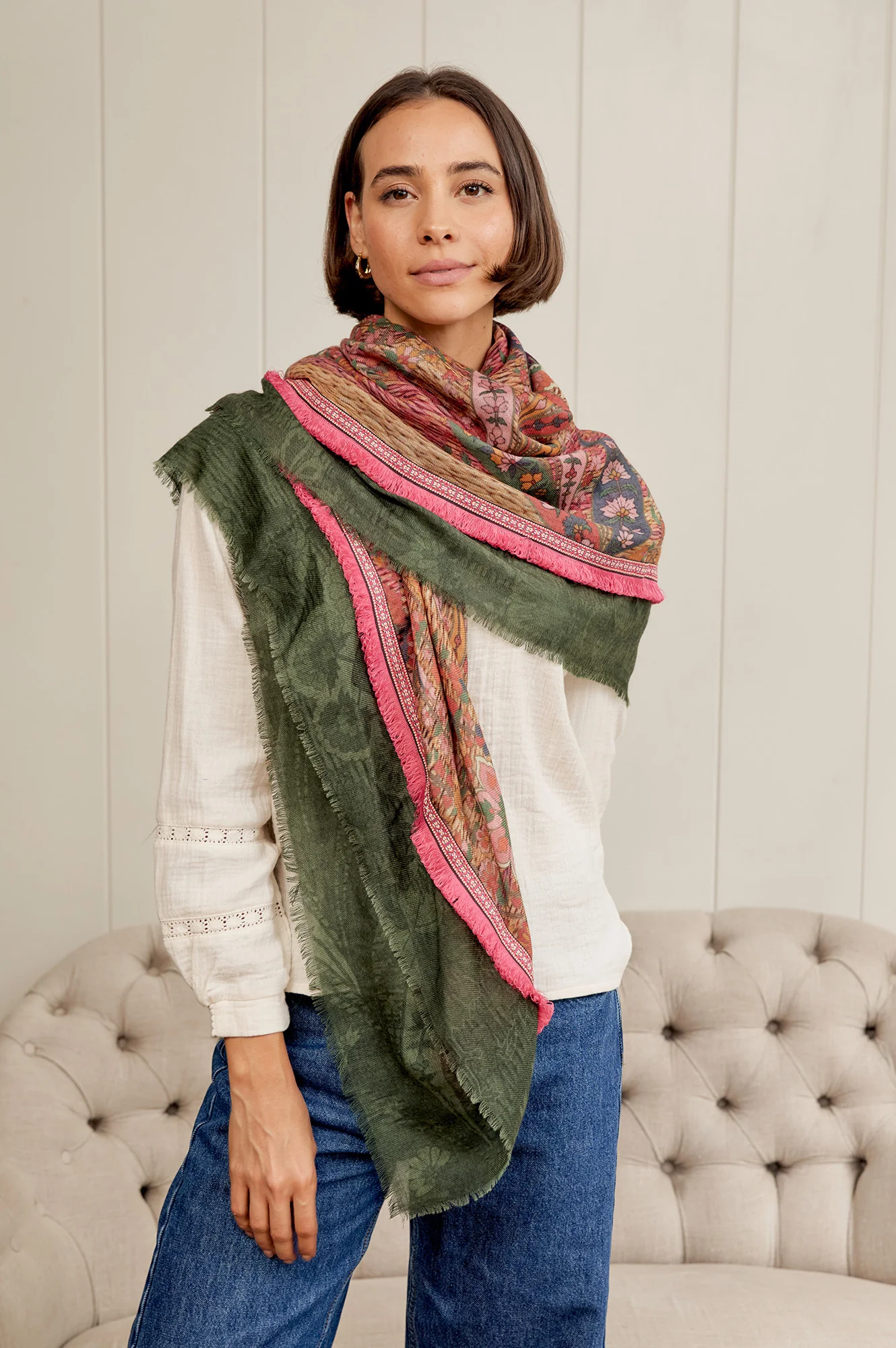OMBRE Paisley Print Scarf | Khaki/Pink