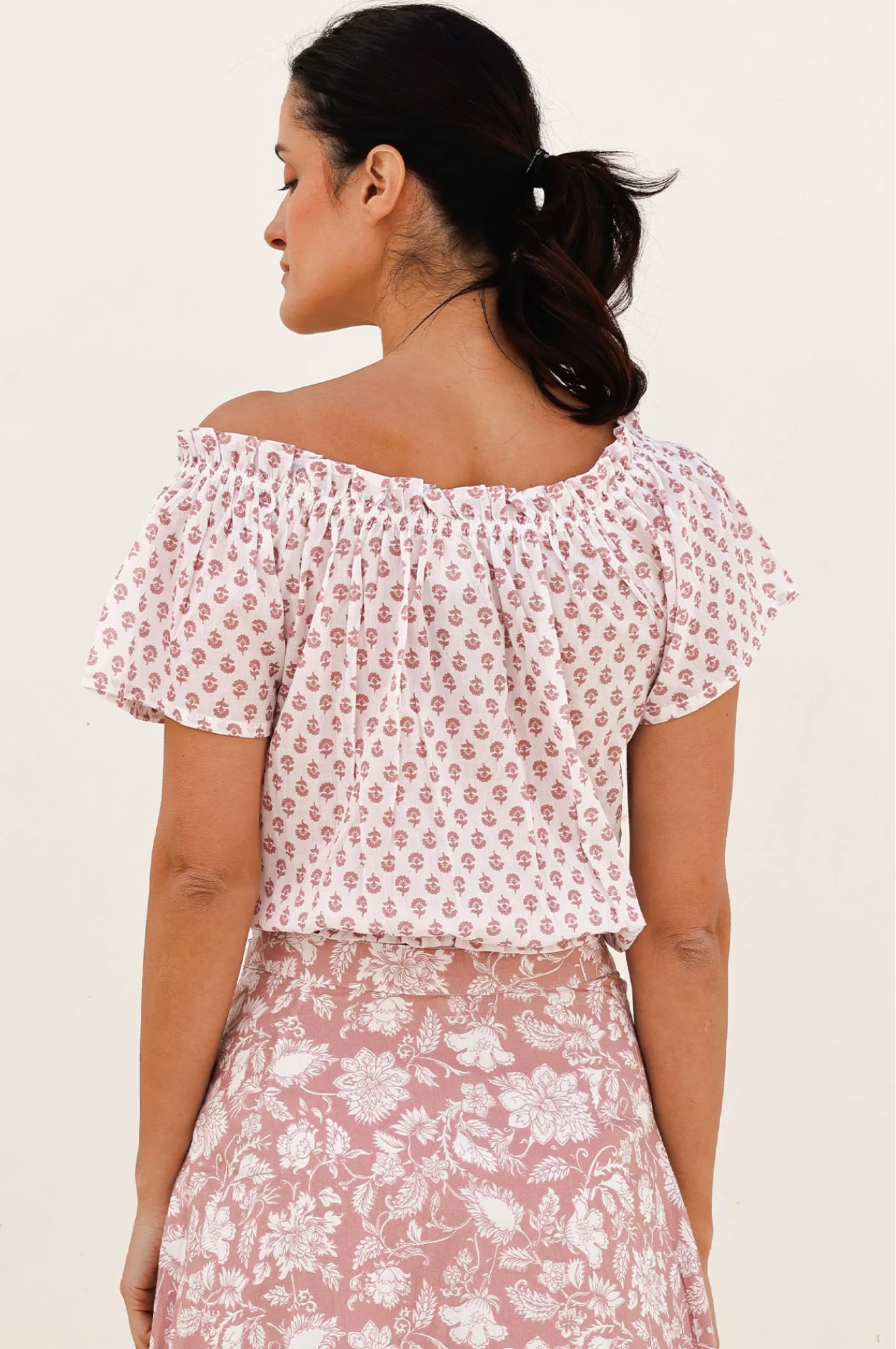 Ilana Printed Organic Cotton Top | Lixus Flower White/Dusty Pink