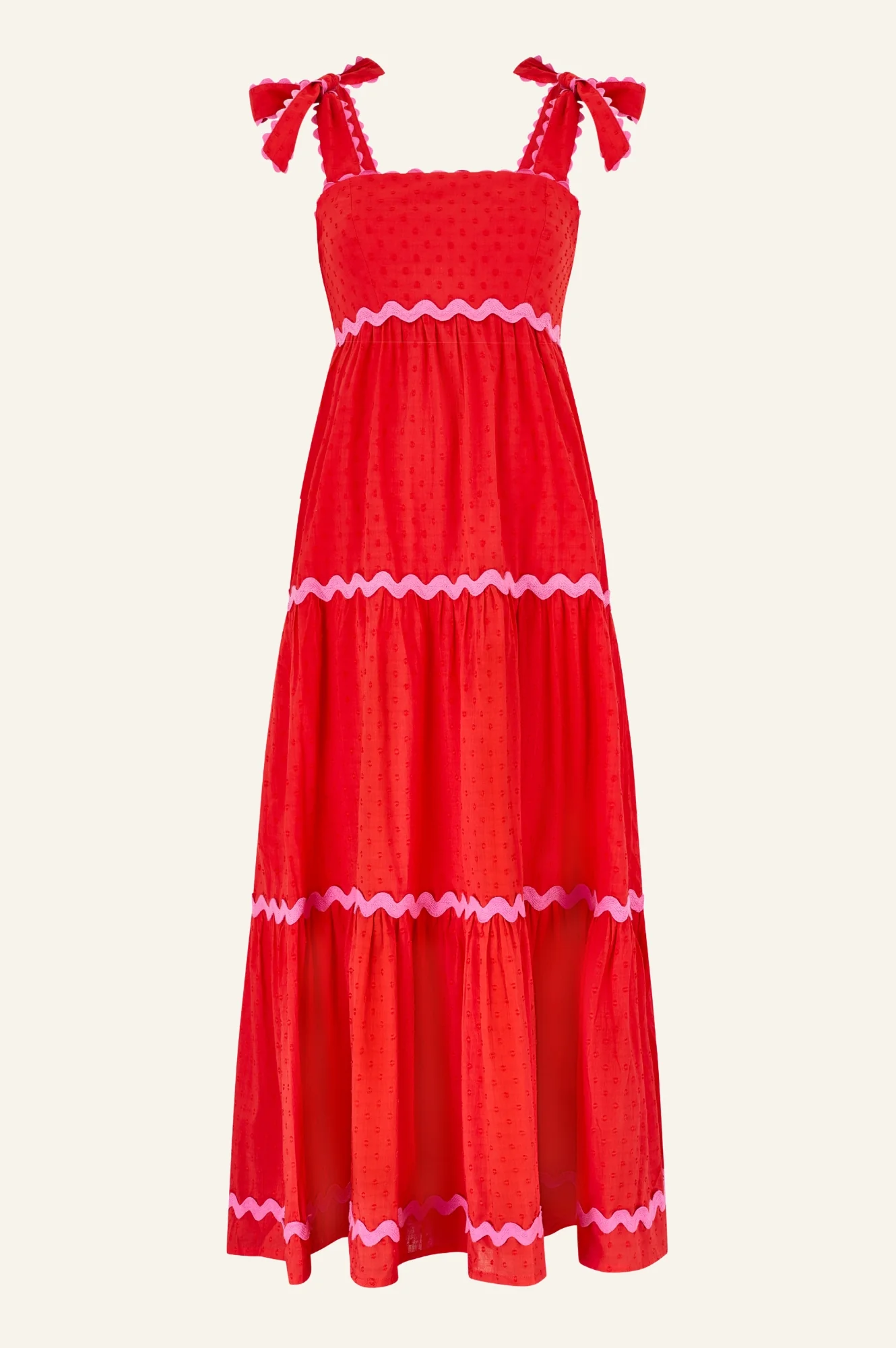 Tabitha Organic Cotton Dobby Ric Rac Dress | Red/Pink