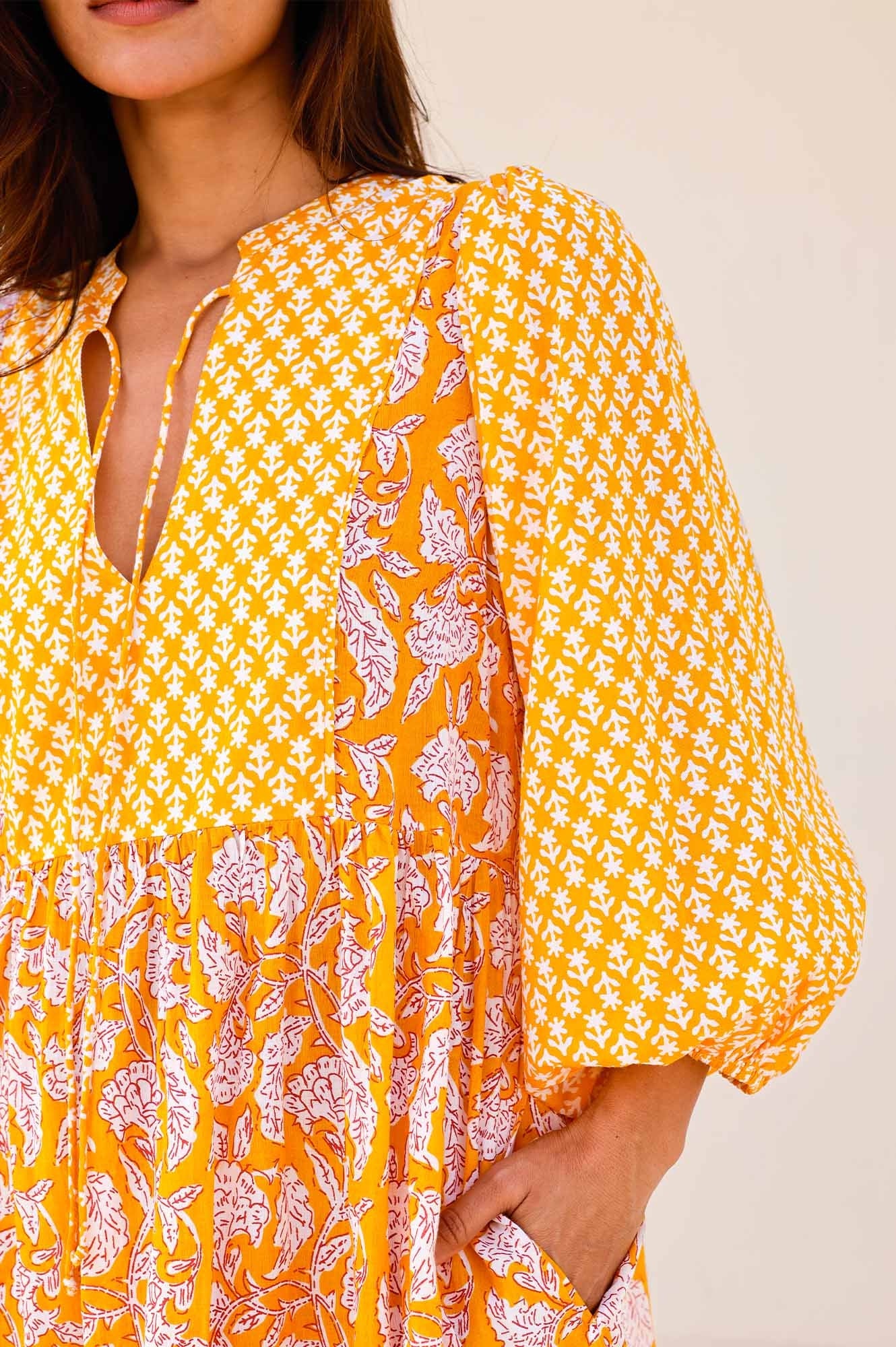 Martha Organic Cotton Mix Print Dress | Dianthus Print Yellow/White