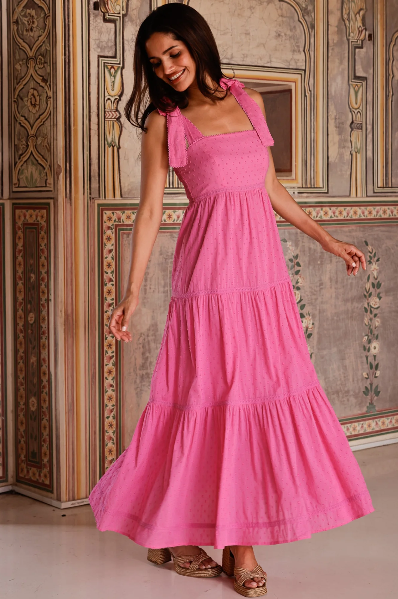 Tabitha Organic Cotton Dobby Dress | Bright Pink