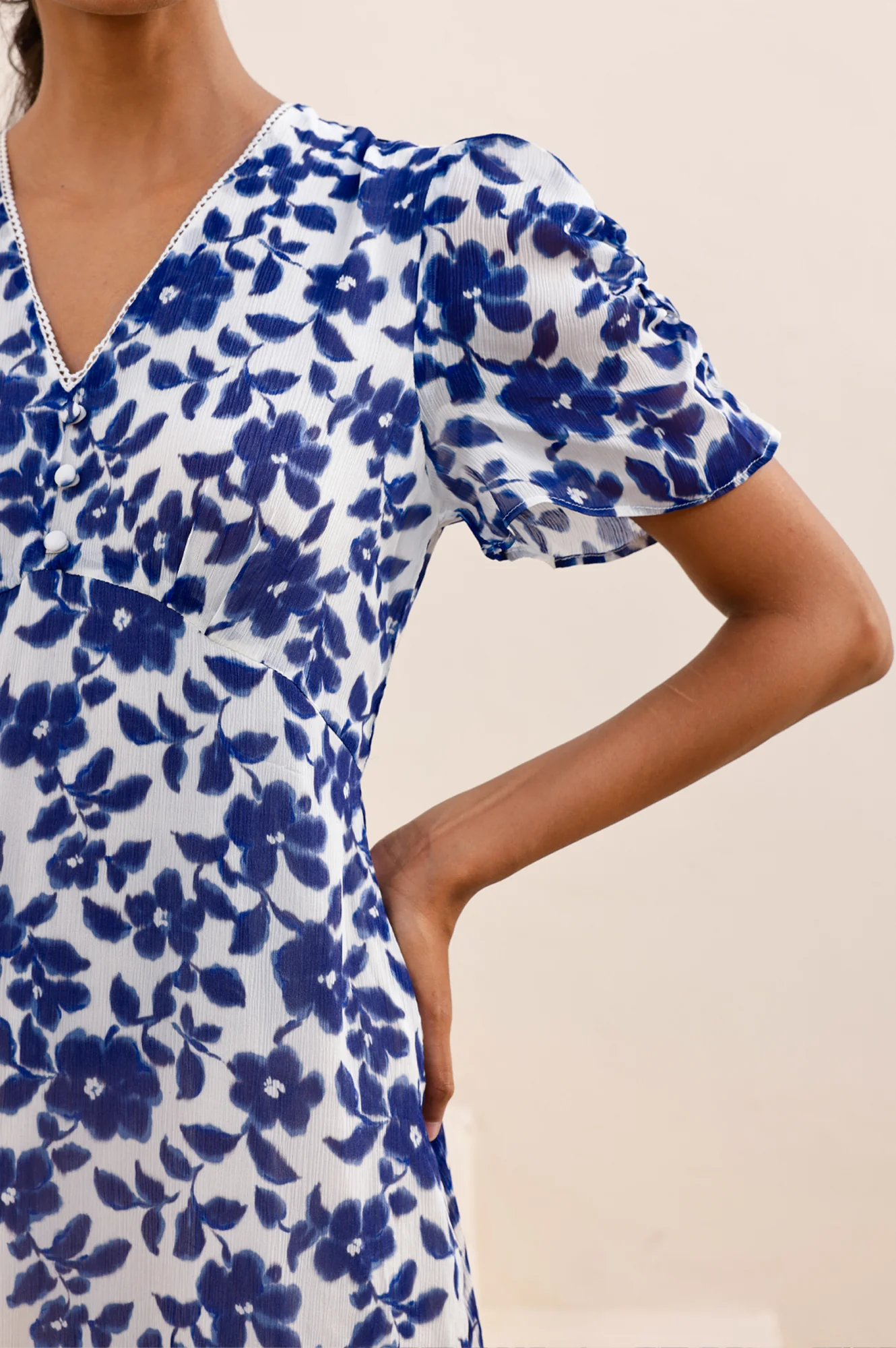 Ellery Viscose Wedding Guest Dress | Blossom Cream/Navy