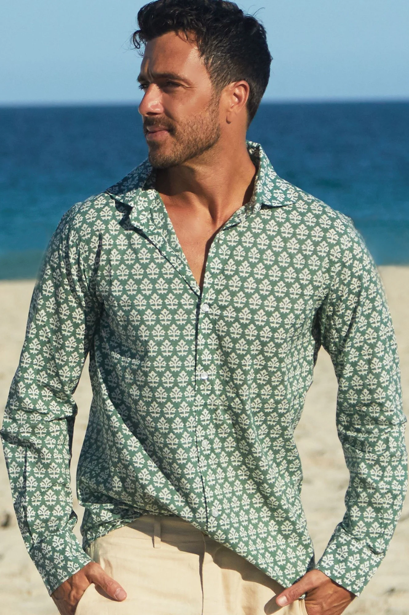 Men's Printed Cotton Shirt | Batik Khaki