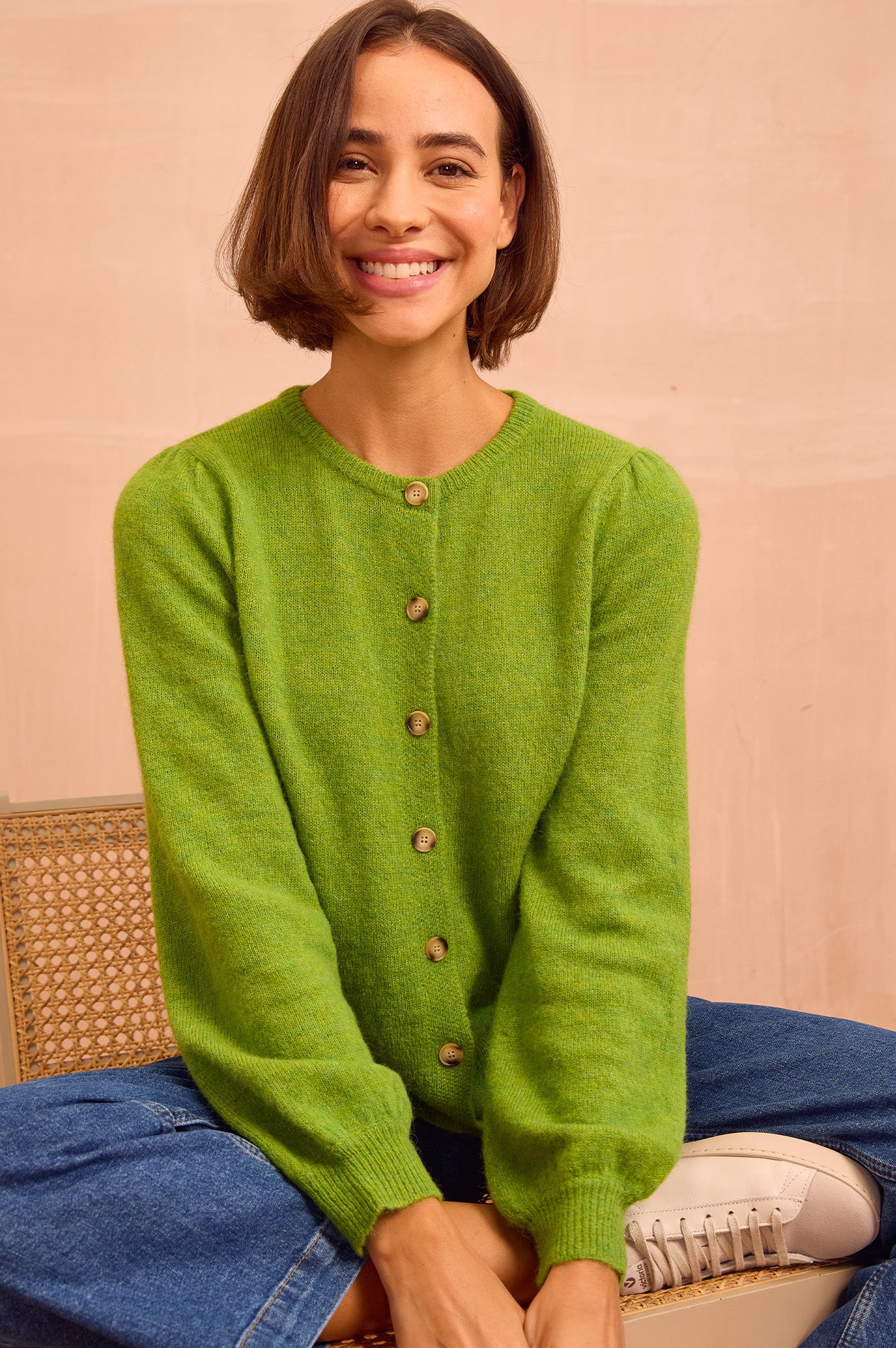 Alpaca Blend Puff Sleeve Cardigan | Green