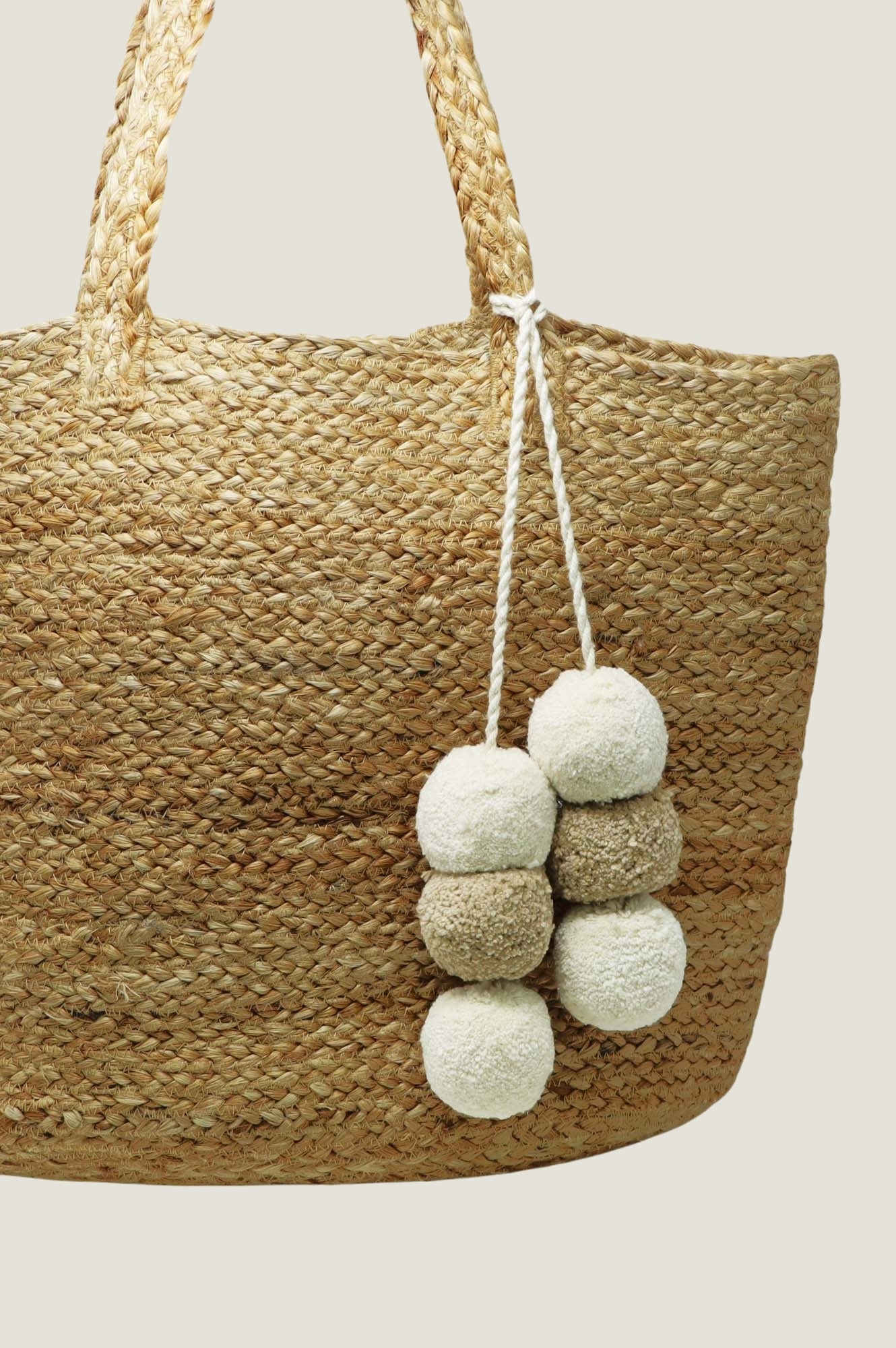 Jute Pom Pom Tote | Taupe/Cream
