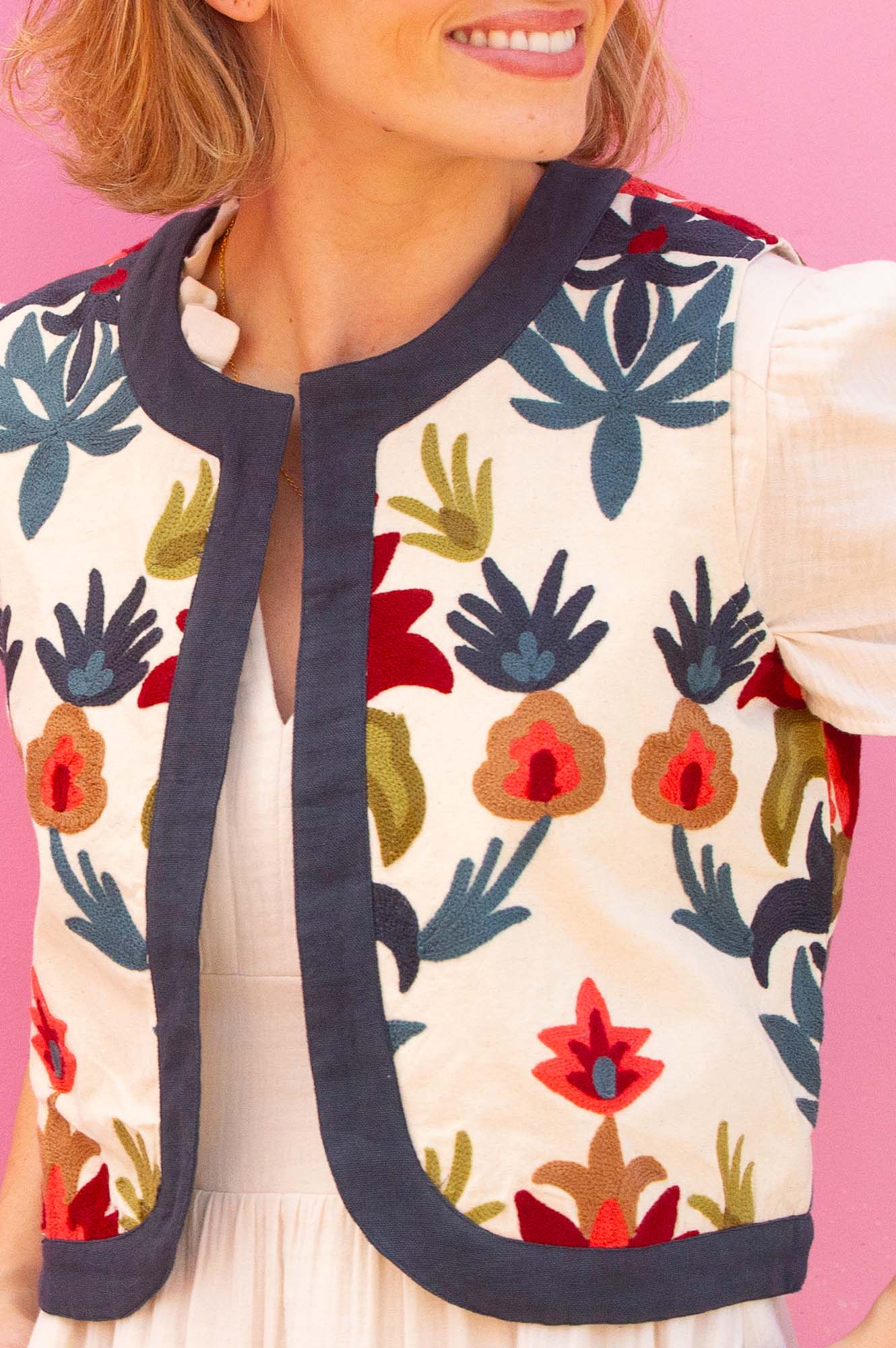 Pia Embroidered Gilet | Ecru/Multi