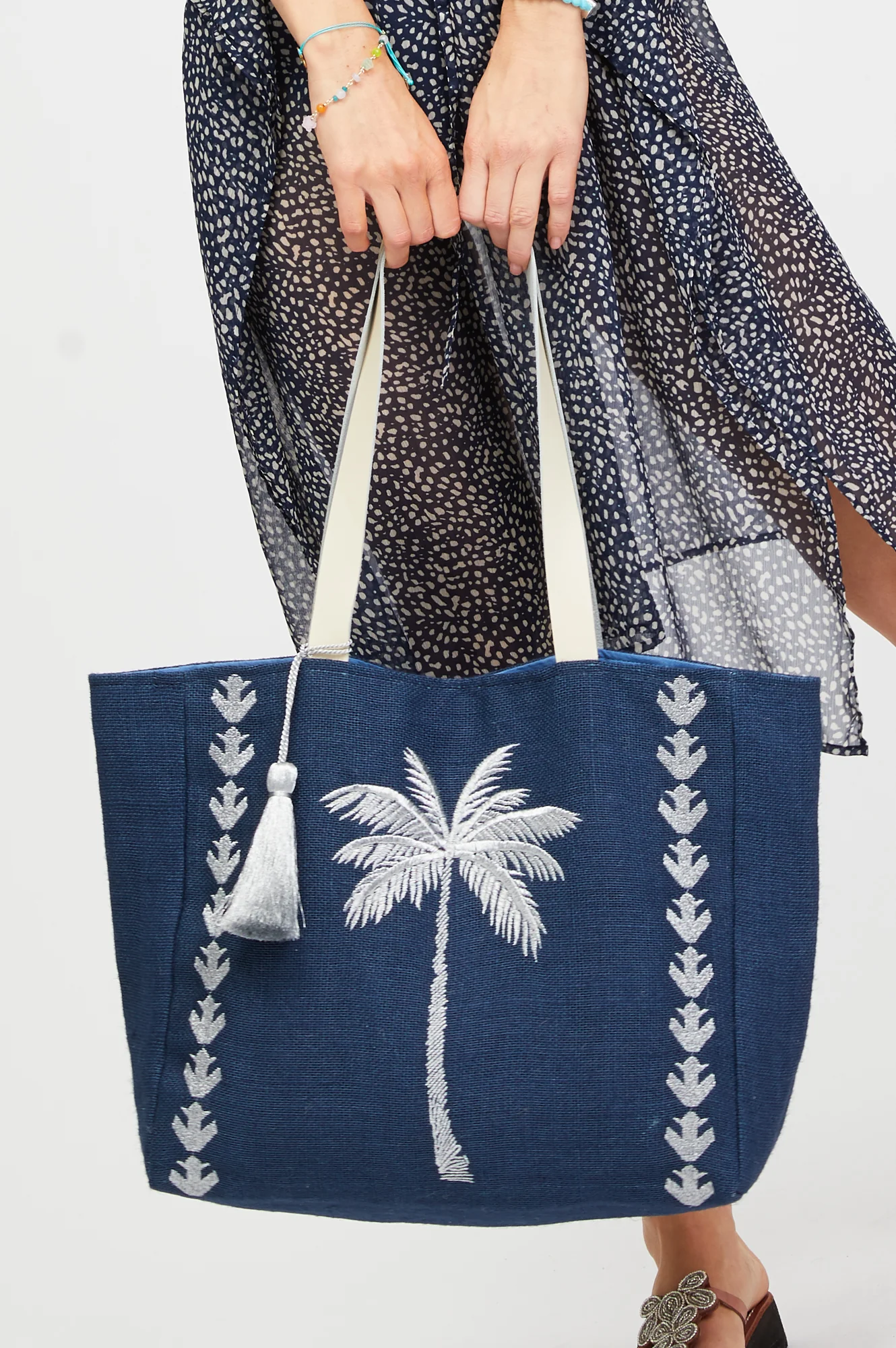 Palm Tree Jute Beach Bag | Navy/Silver