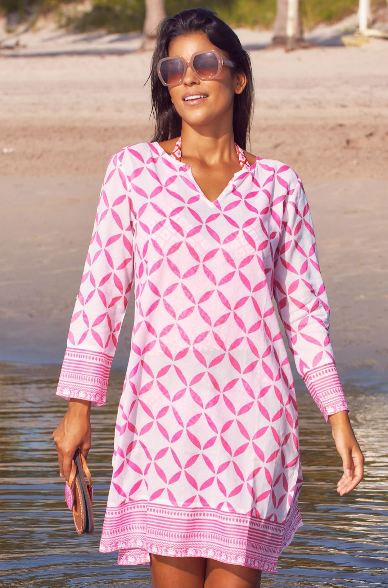 Guadalupe Short Organic Cotton Tunic | Shibori White/Pink