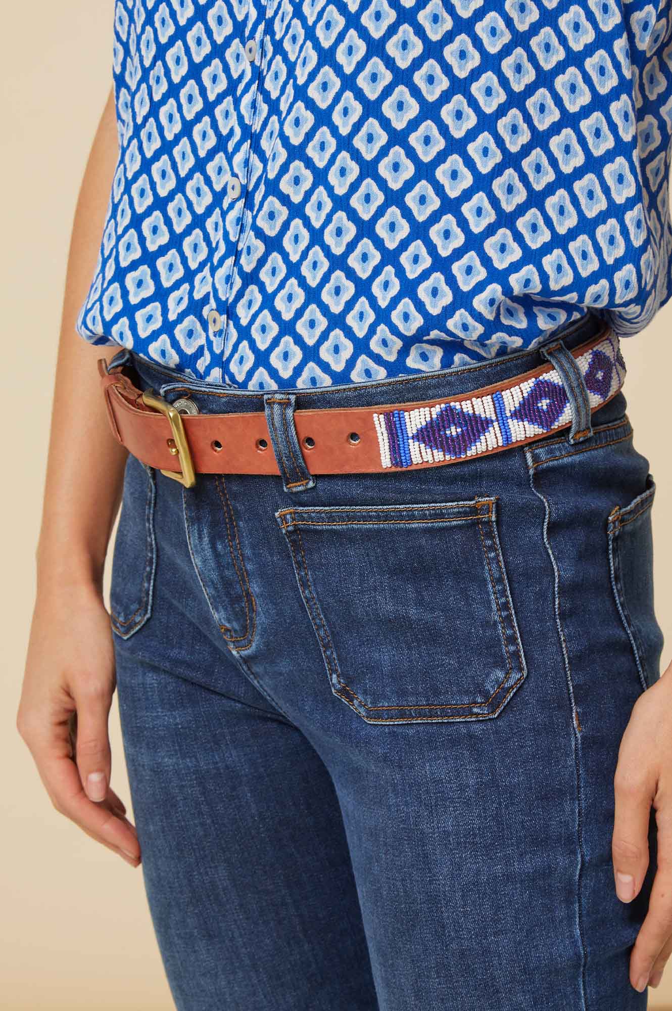 Triangle Leather Belt | Tan Leather White/Masai Blue