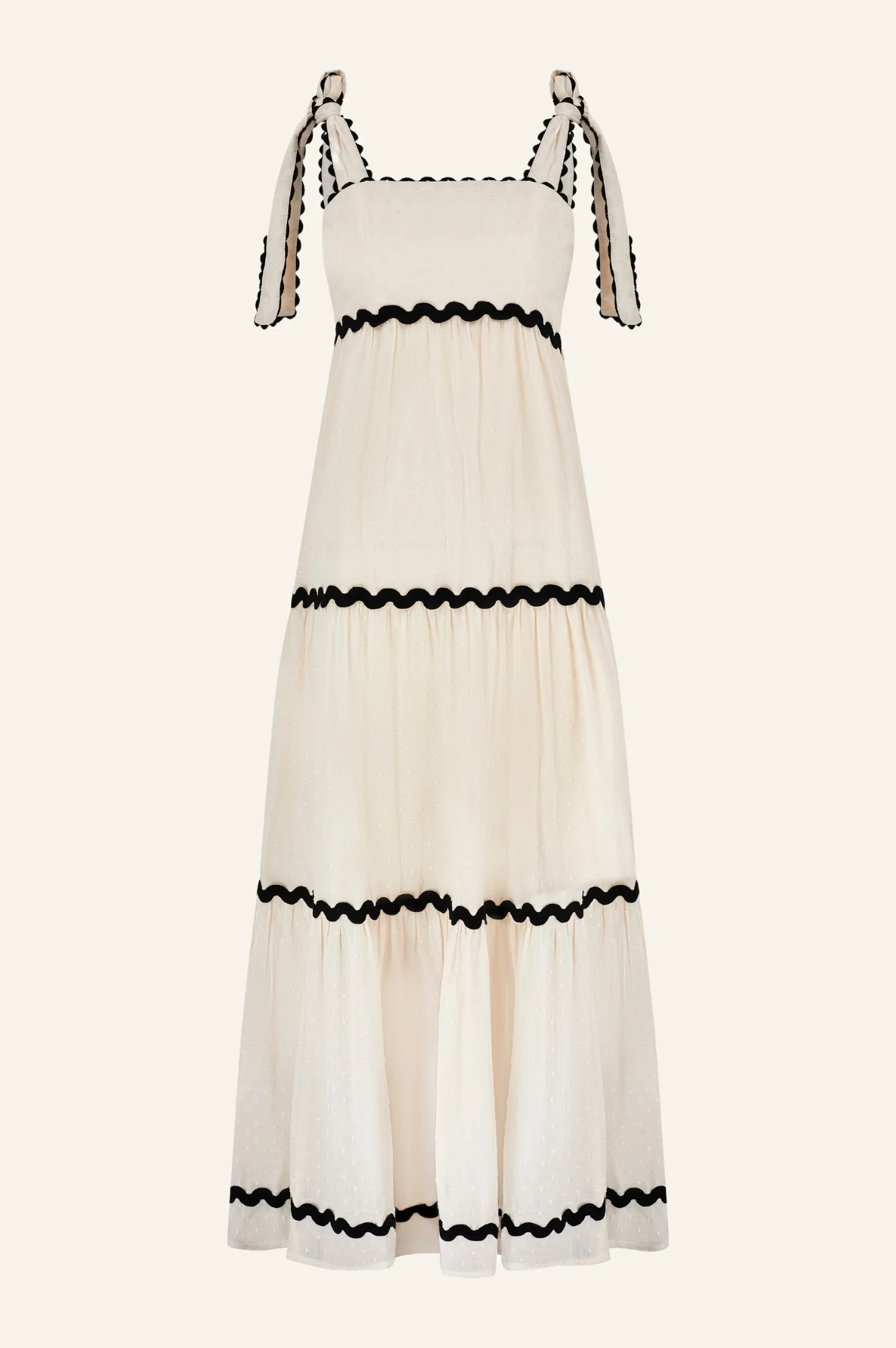 Tabitha Organic Cotton Dobby Ric Rac Dress | Antique Cream/Black