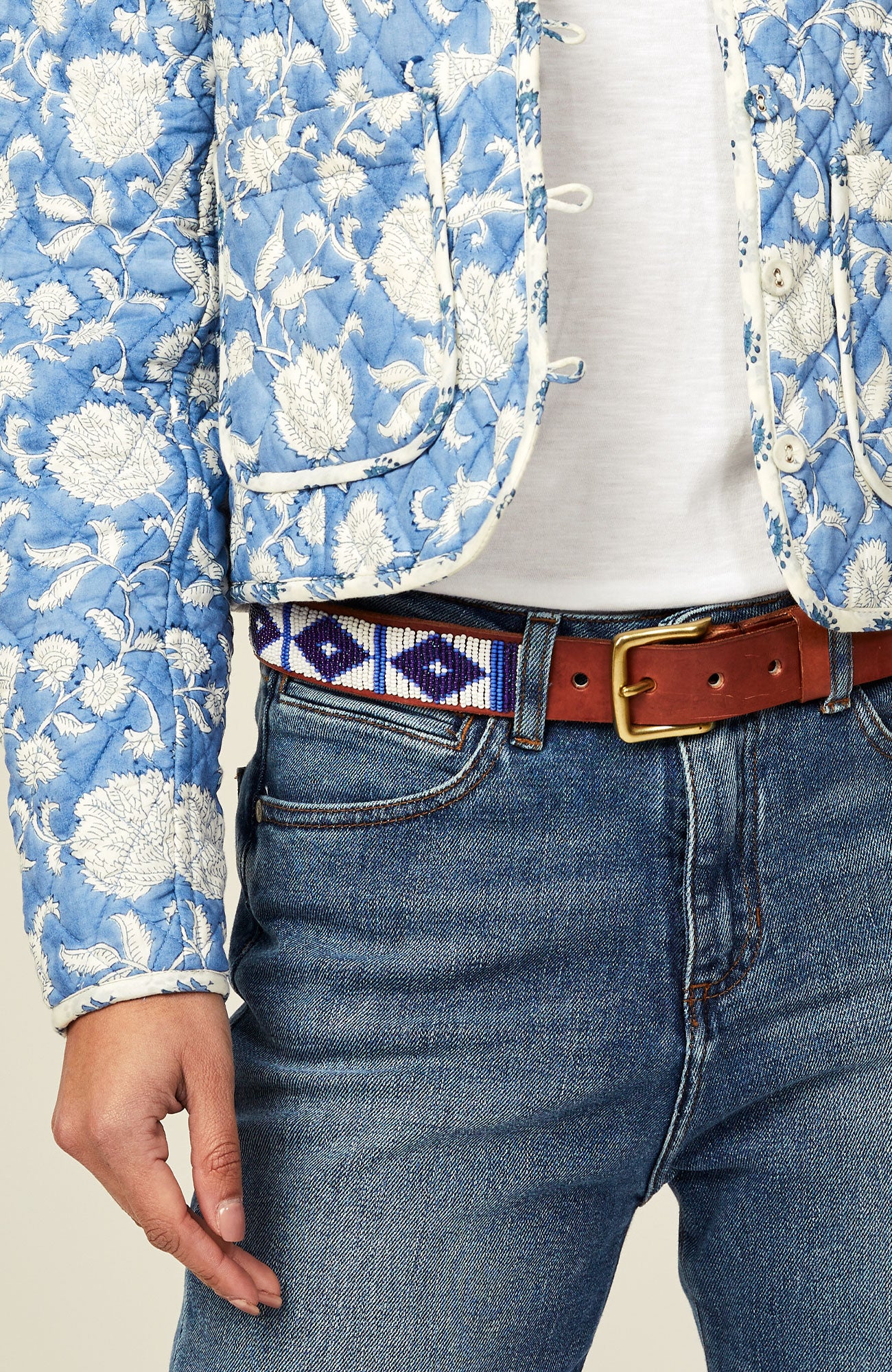 Triangle Leather Belt | Tan Leather White/Masai Blue