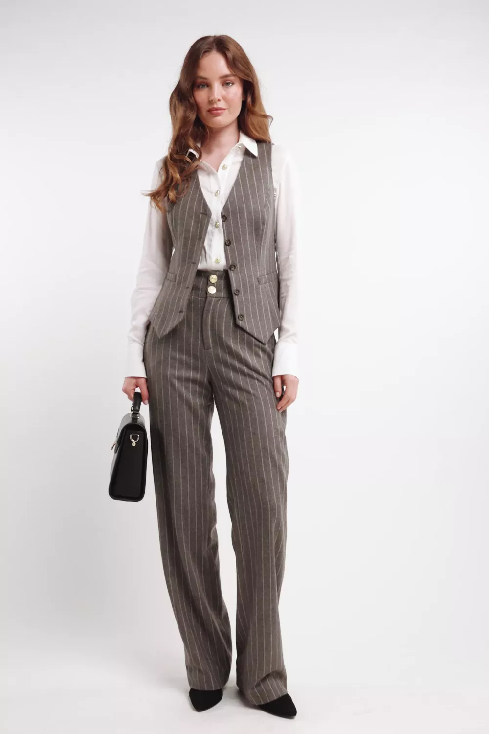 High Waisted Straight Trouser (Soft Grey Pinstripe)