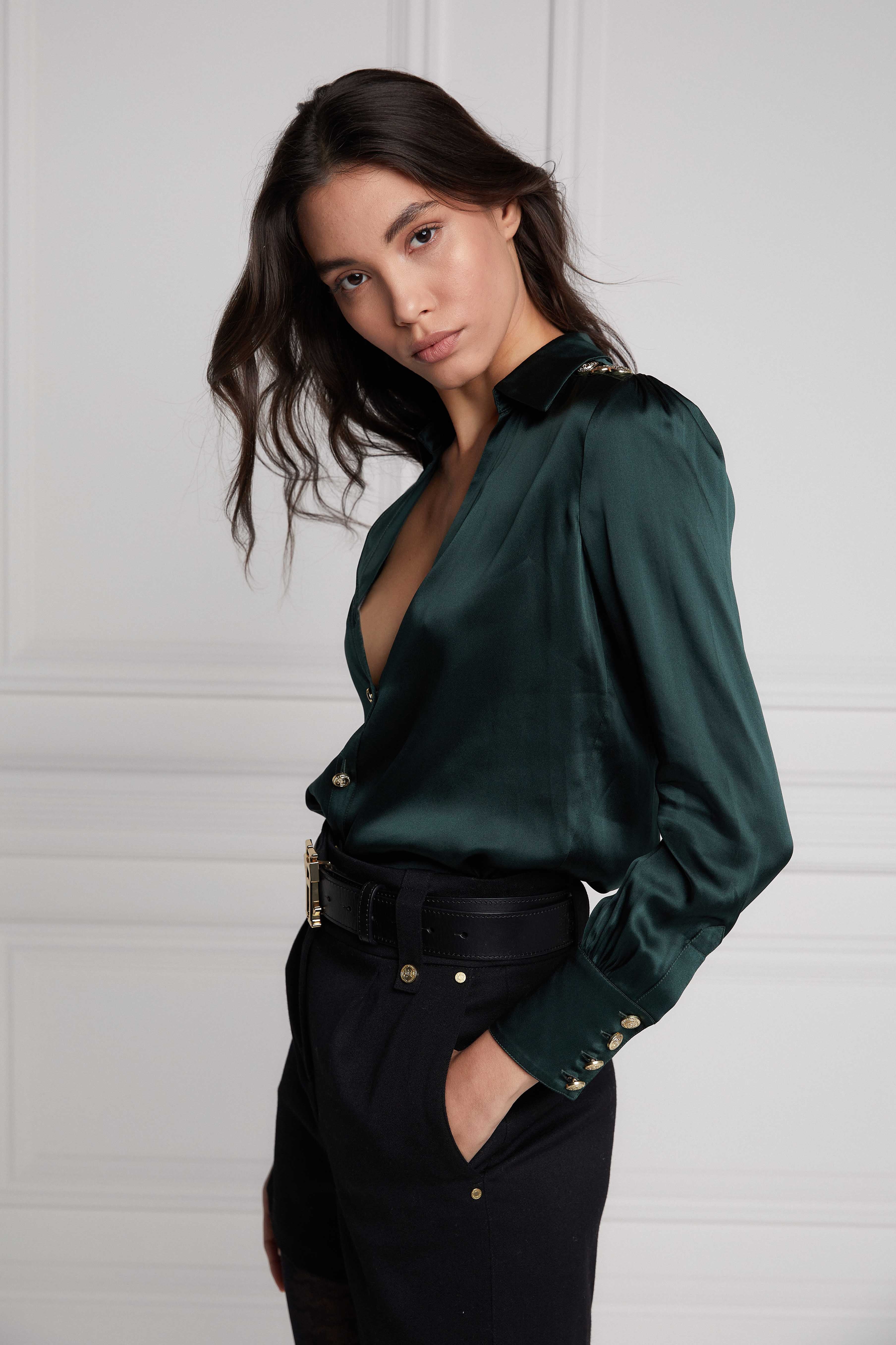 Silk V-Neck Blouse (Emerald)