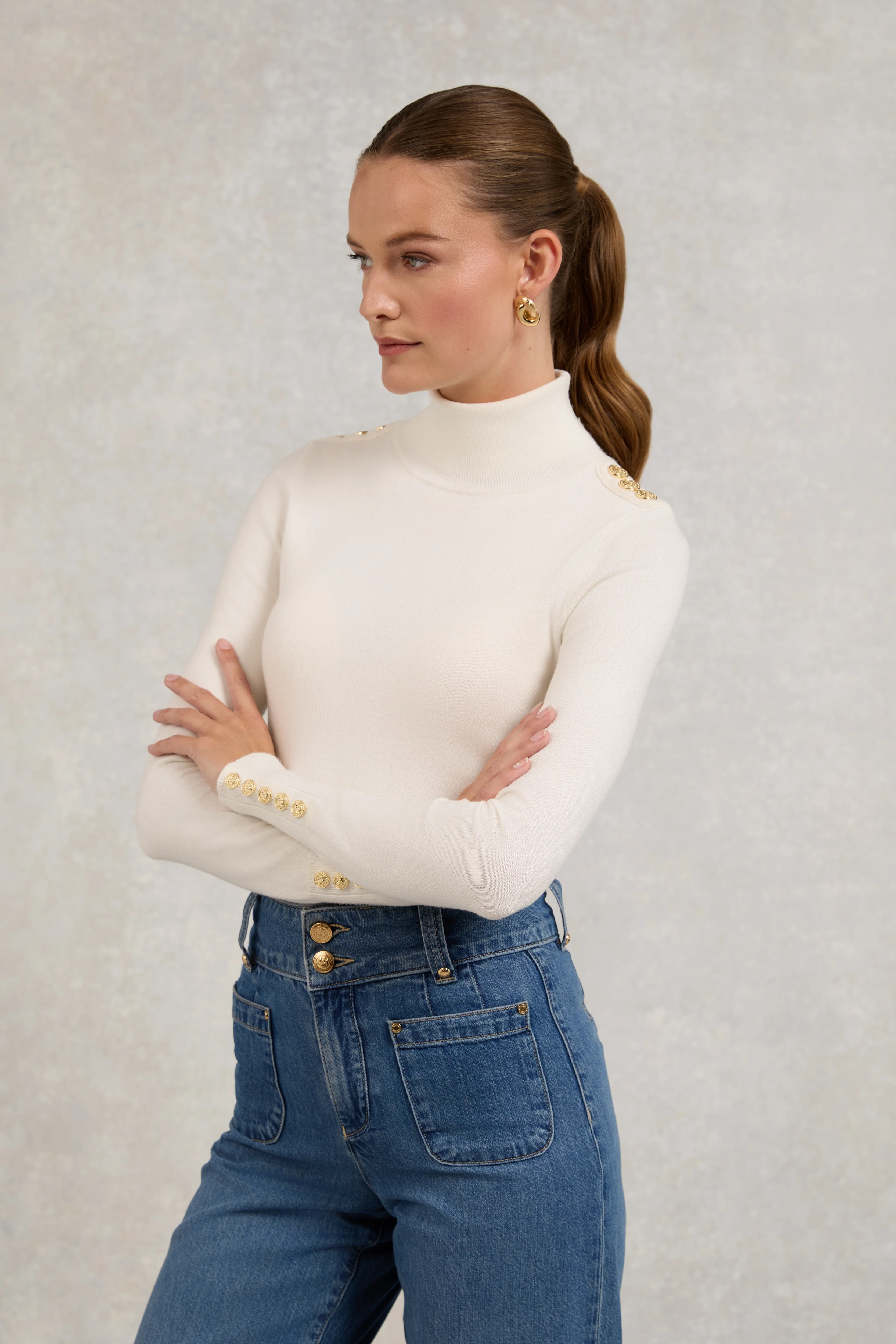 Buttoned Knit Roll Neck (Cream)