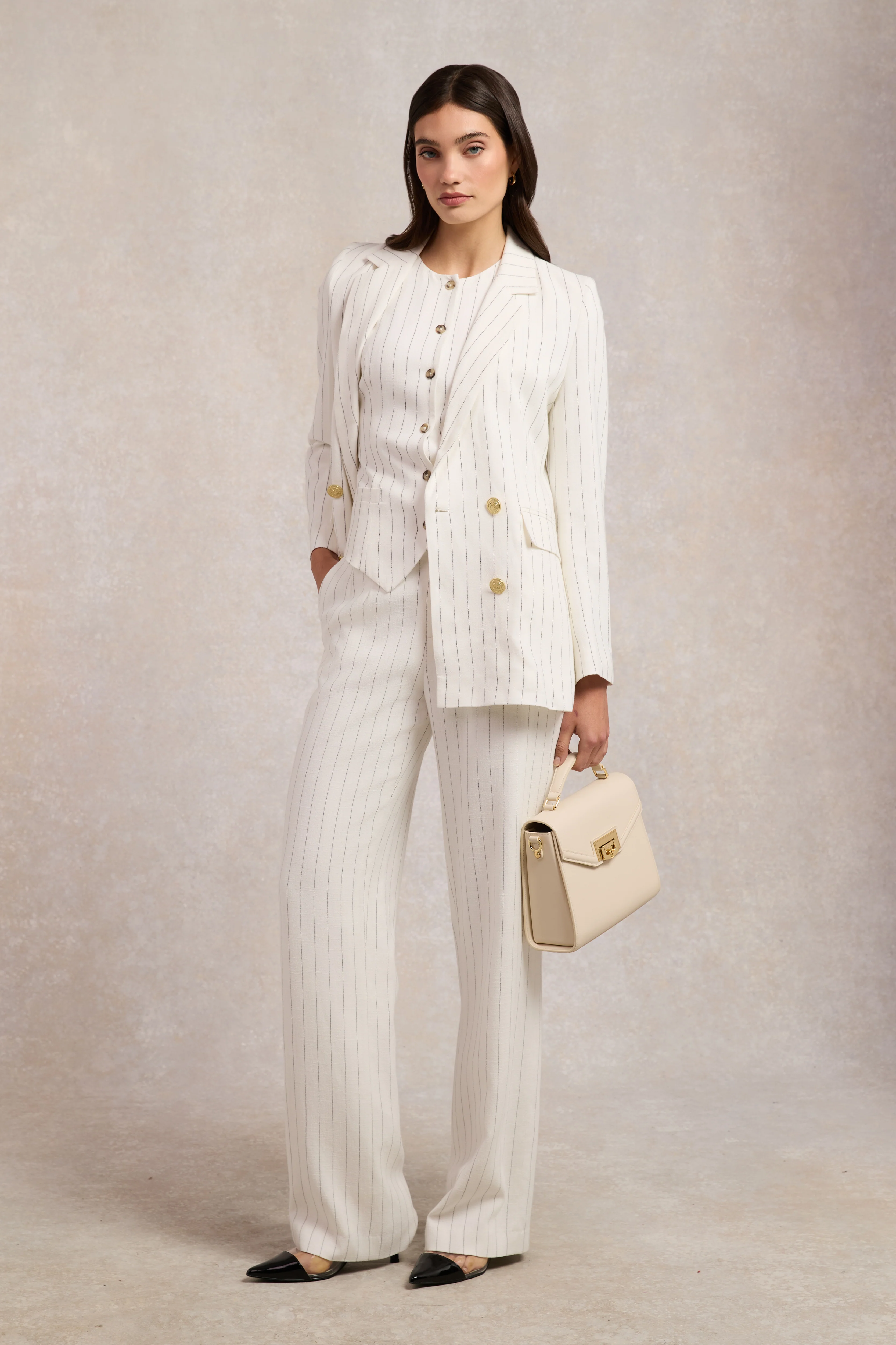 Double Breasted Blazer (Oyster Linen Pinstripe)