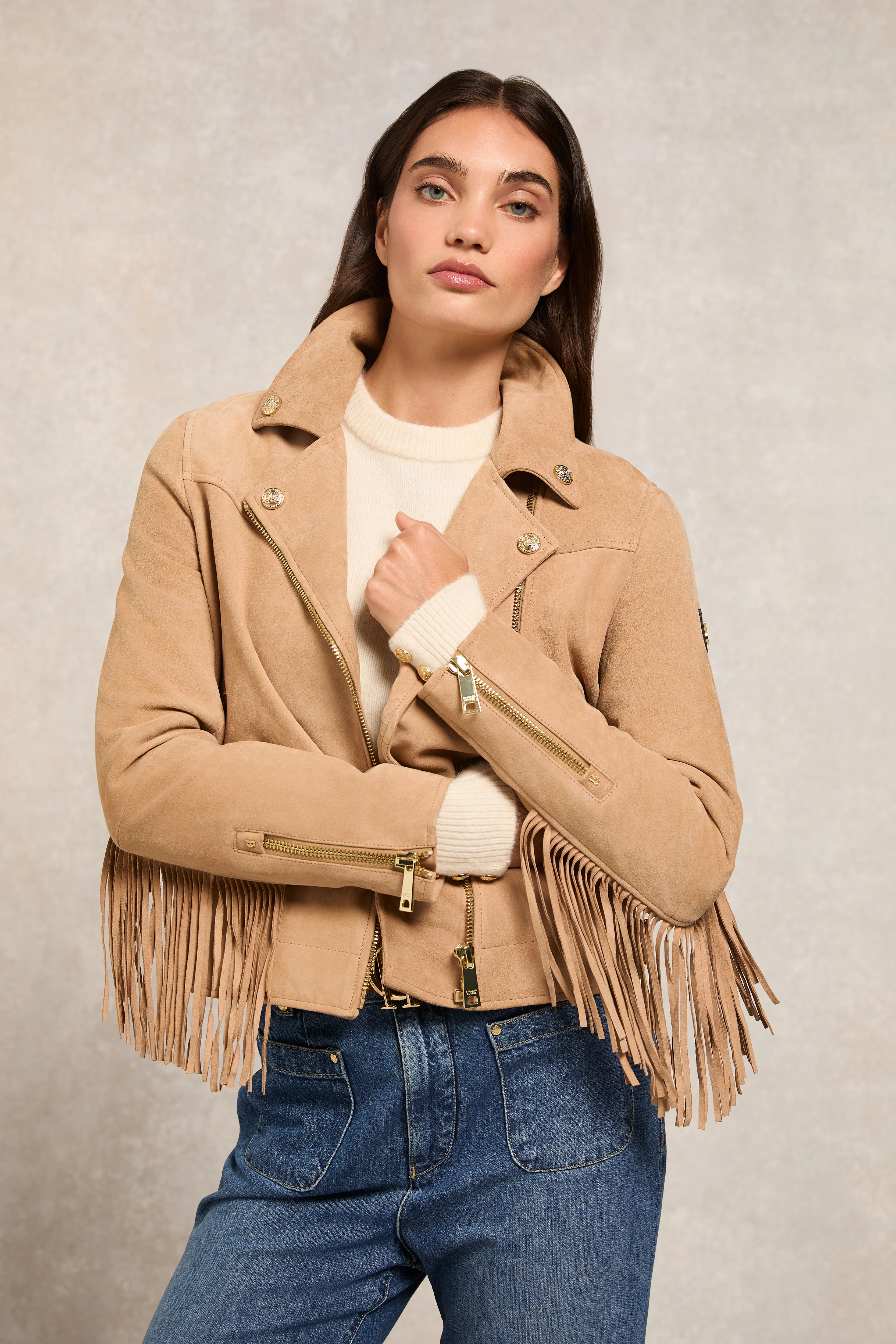 Fringed Suede Biker Jacket (Camel)