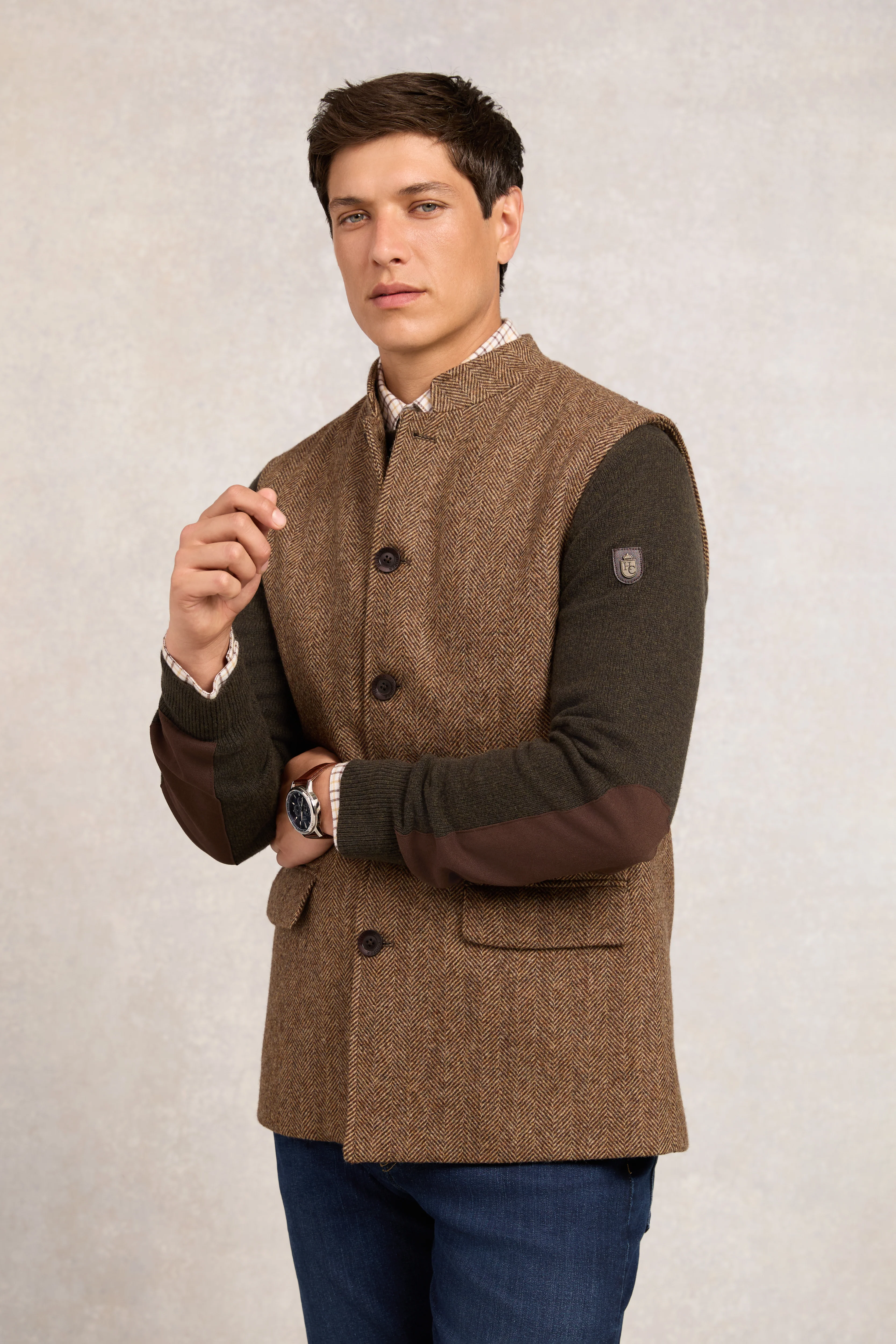 Nehru Gilet (Large Scale Brown Herringbone)