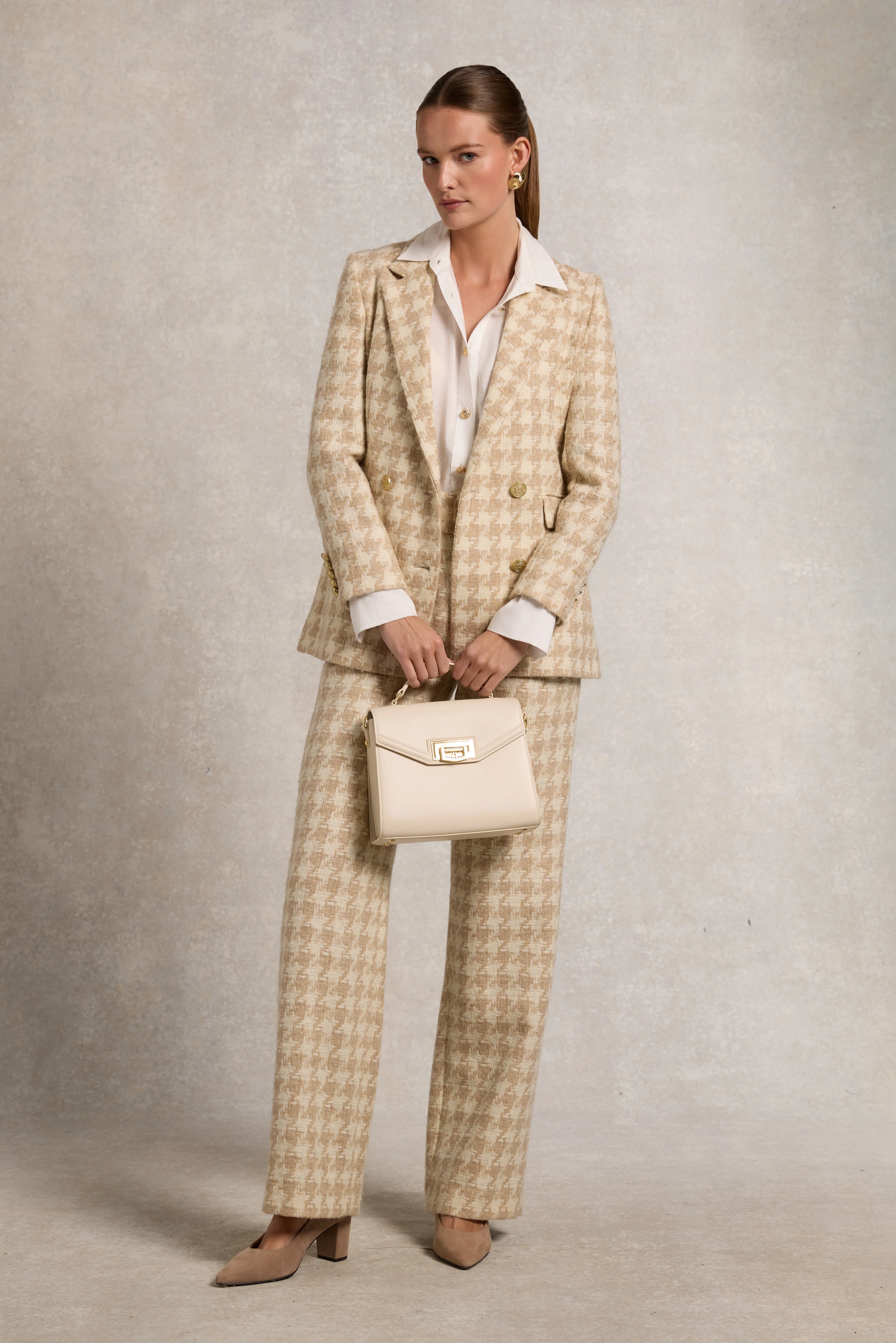 High Waisted Straight Trouser (Camel Houndstooth)