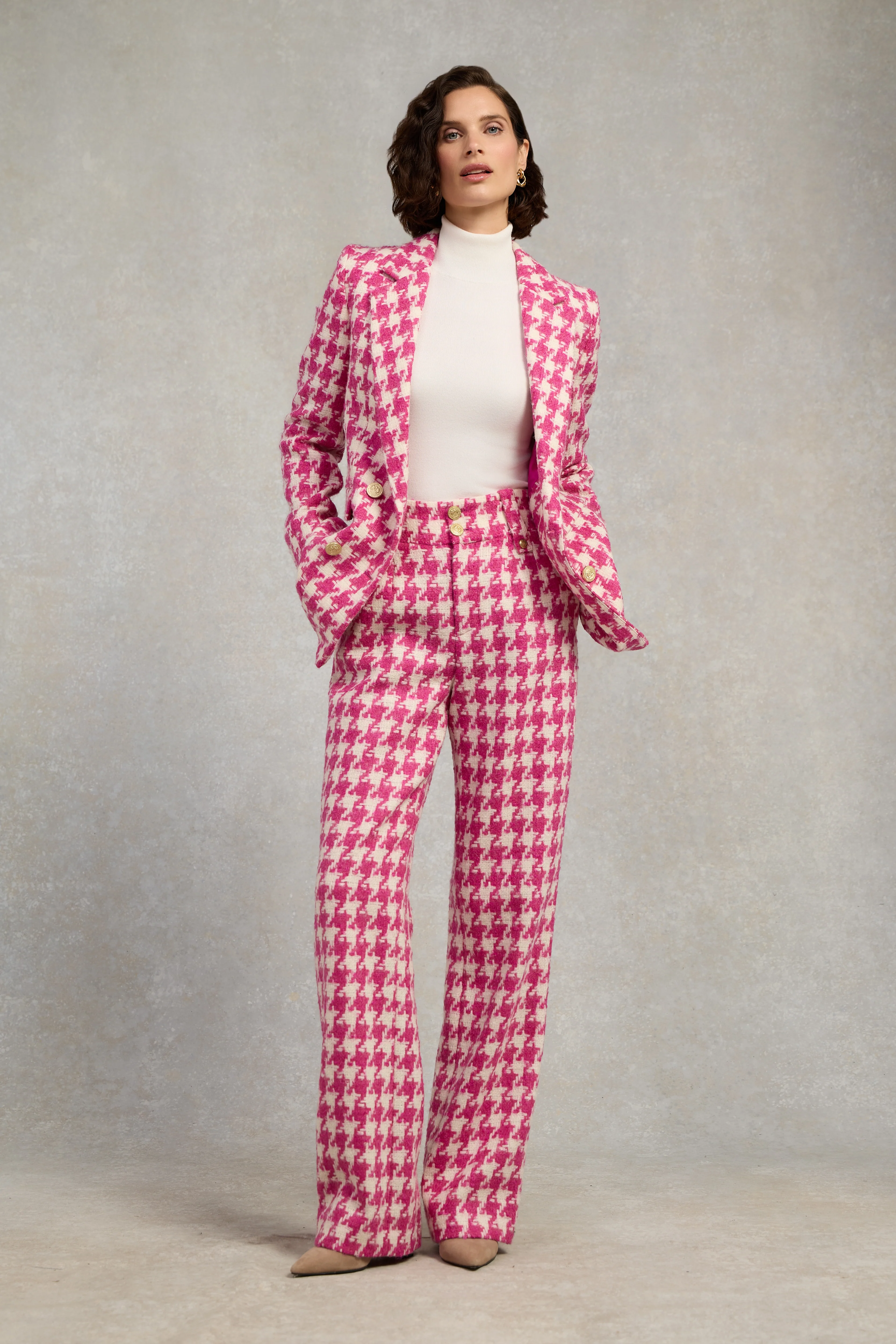 High Waisted Straight Trouser (Hot Pink Large Scale Houndstooth)