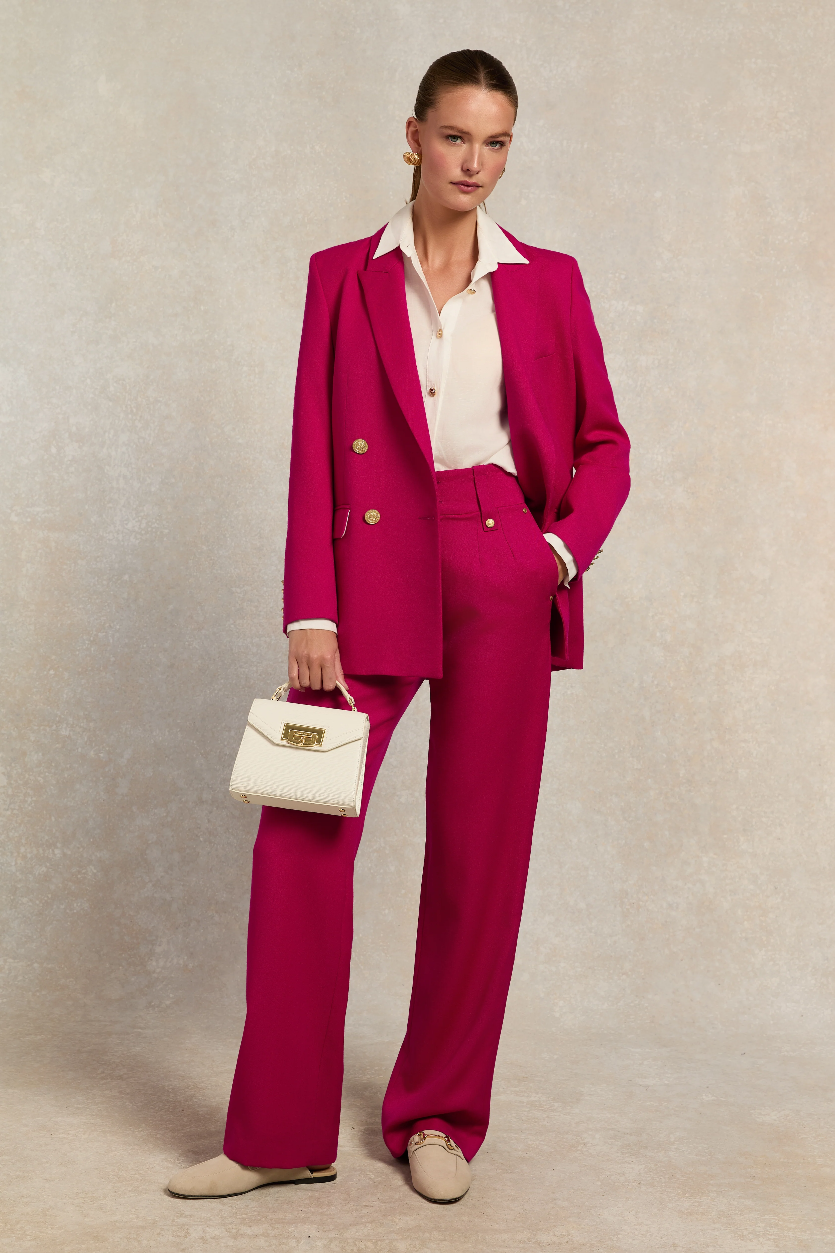 High Waisted Straight Trouser (Hot Pink Barathea)