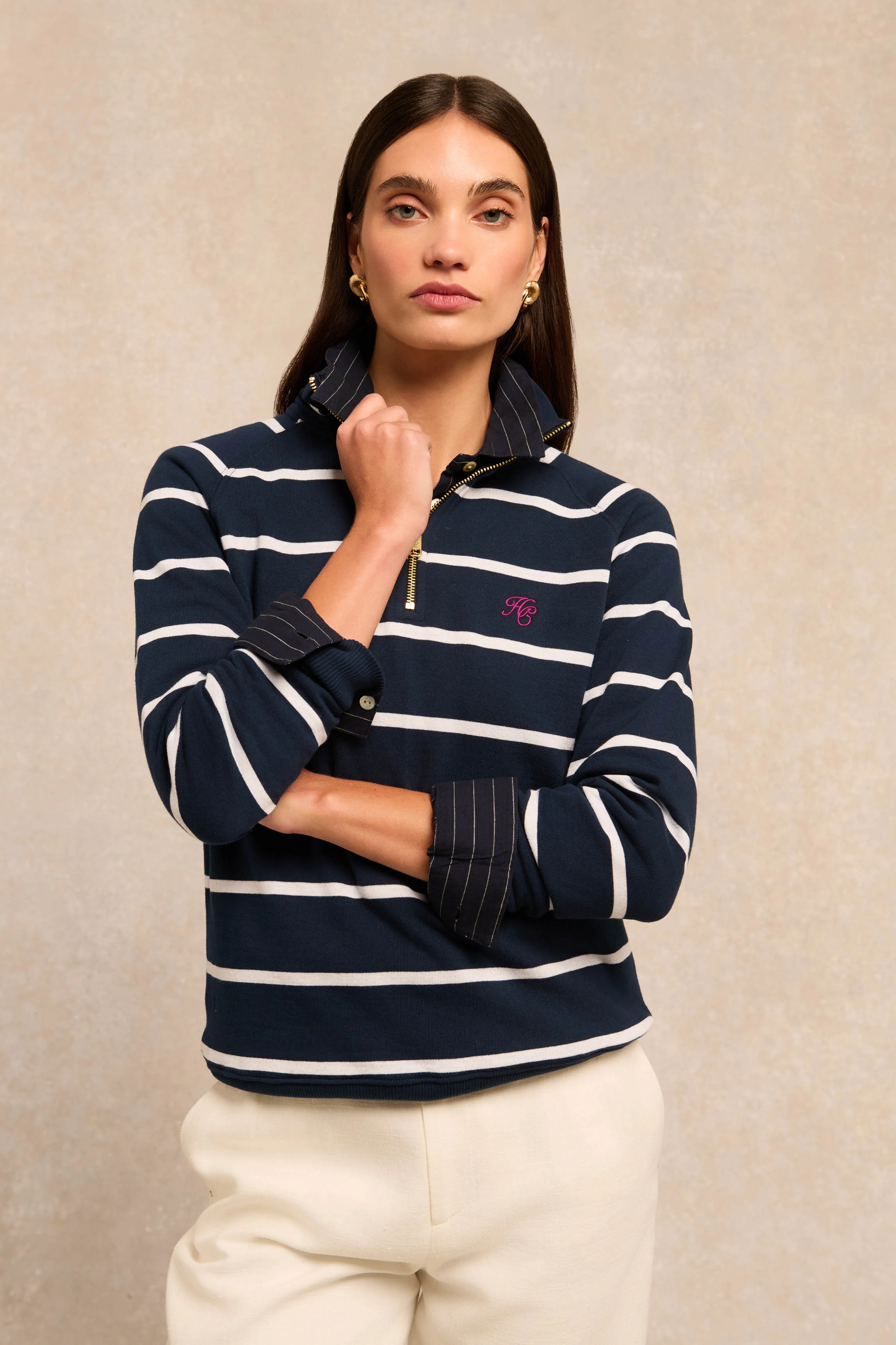 Kingham Quarter Zip Neck Sweat (Ink Navy Stripe)