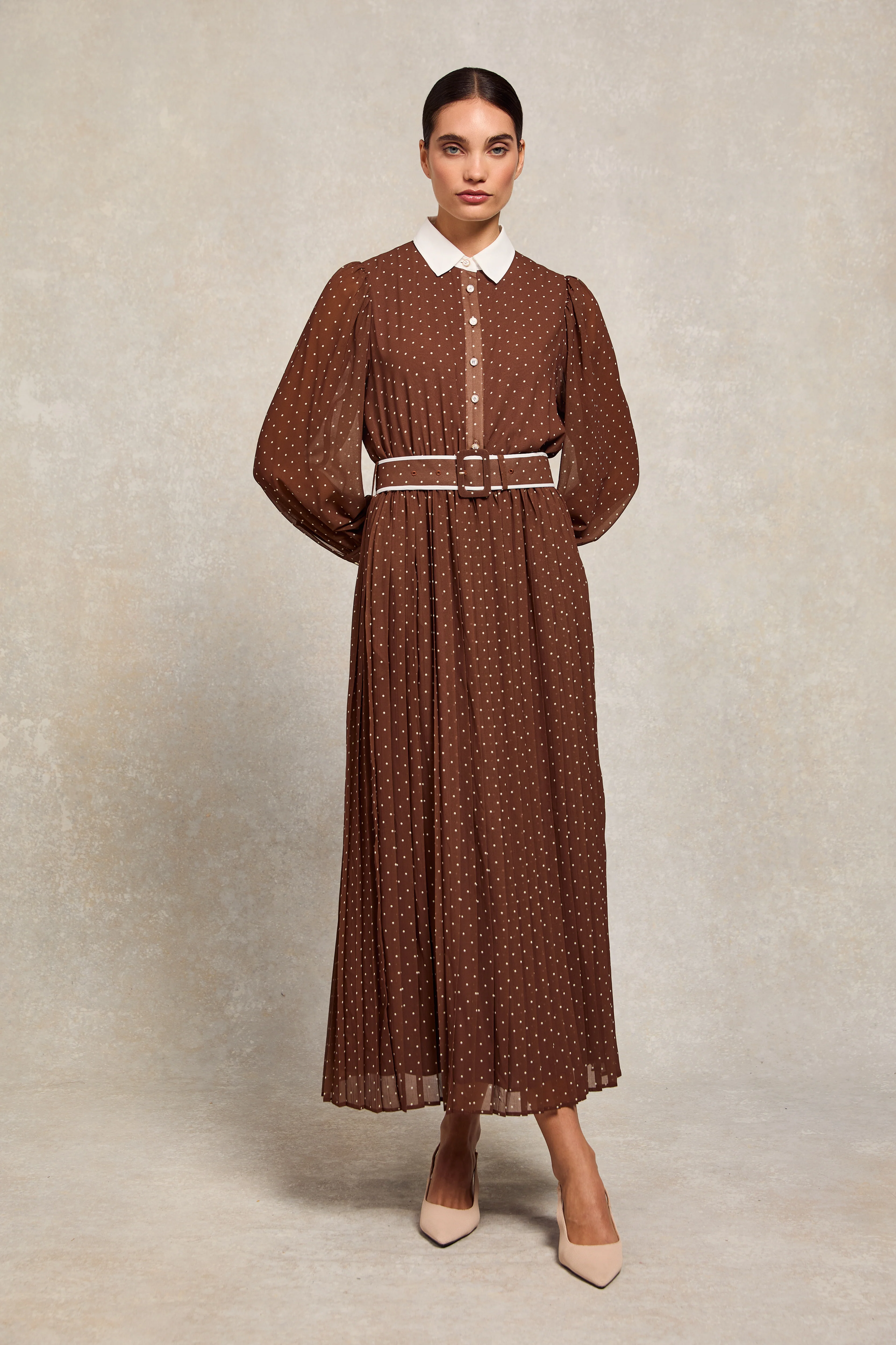 Annabel Pleated Maxi Dress (Chestnut Polka Dot)