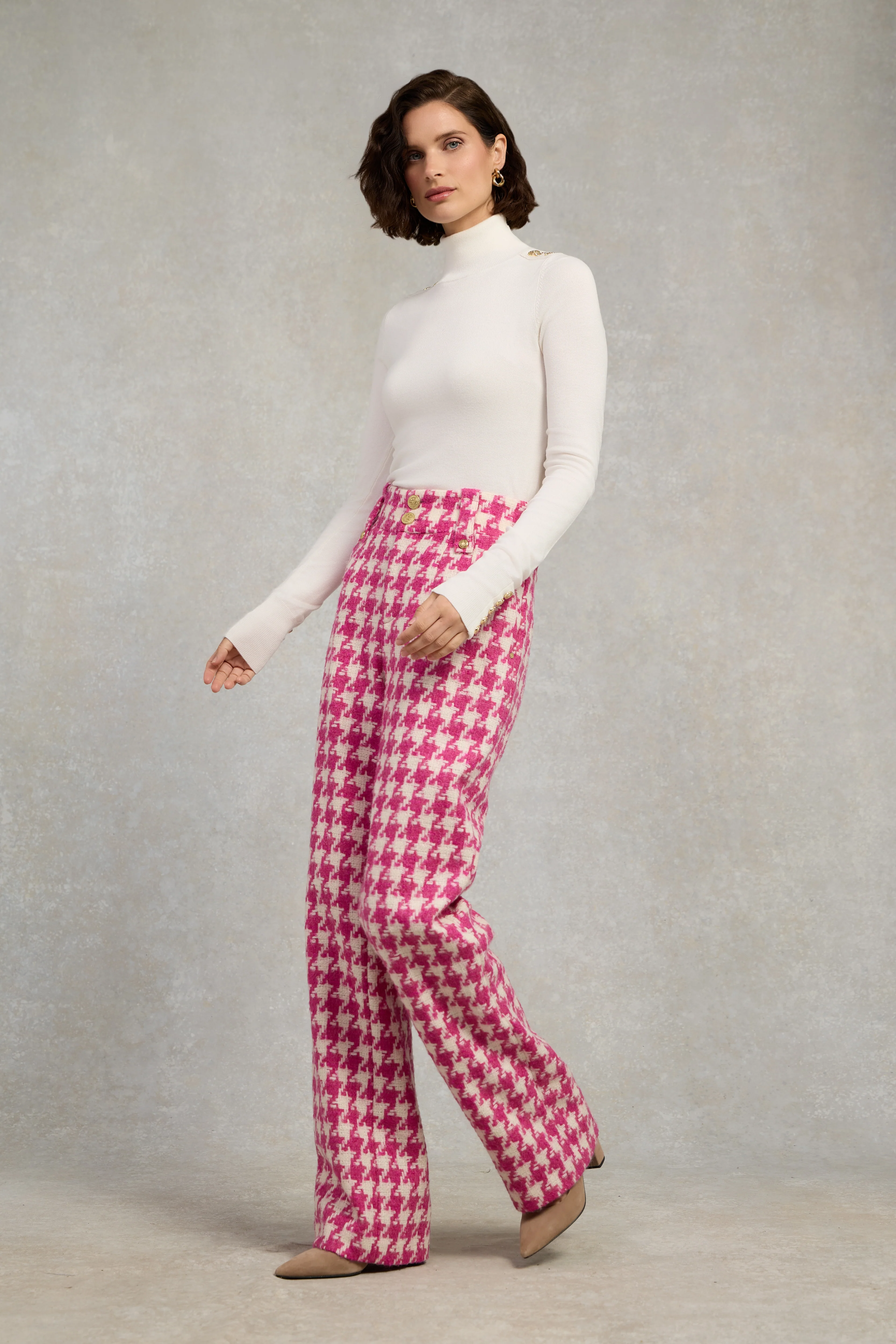 High Waisted Straight Trouser (Hot Pink Large Scale Houndstooth)