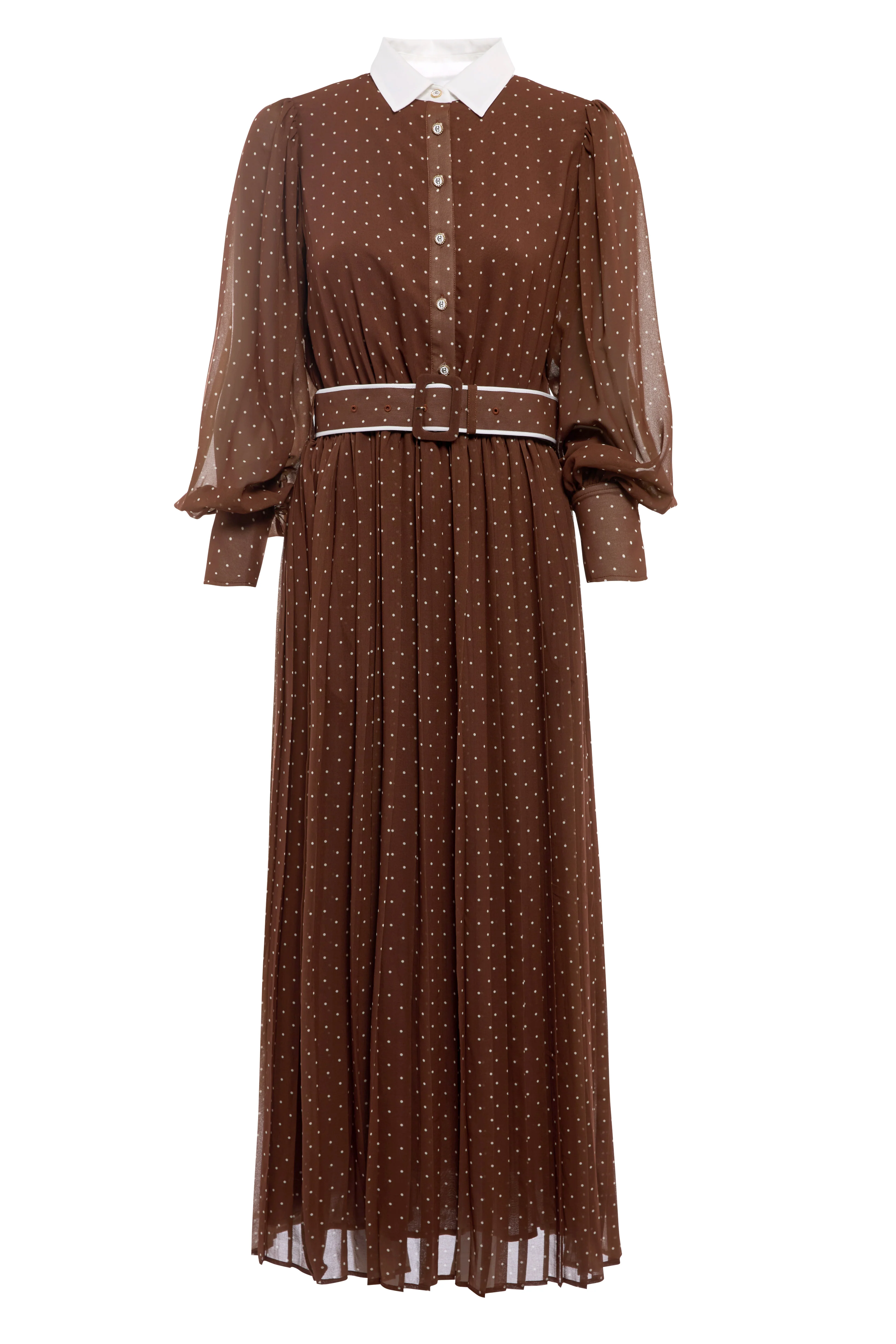 Annabel Pleated Maxi Dress (Chestnut Polka Dot)